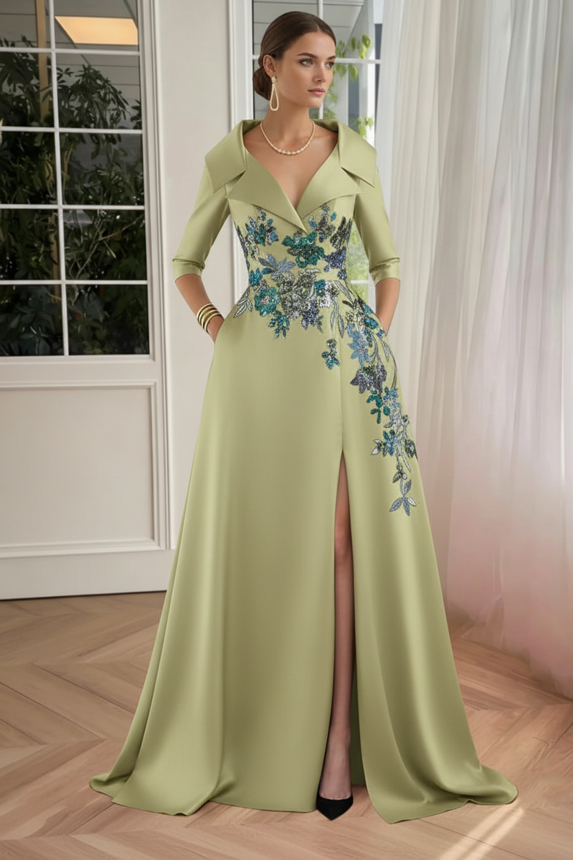 A-Line/Princess Shirt Collar Satin Mother of the Bride Dresses Half Sleeves Floral Sequins Lace Floor-Length with Split Side