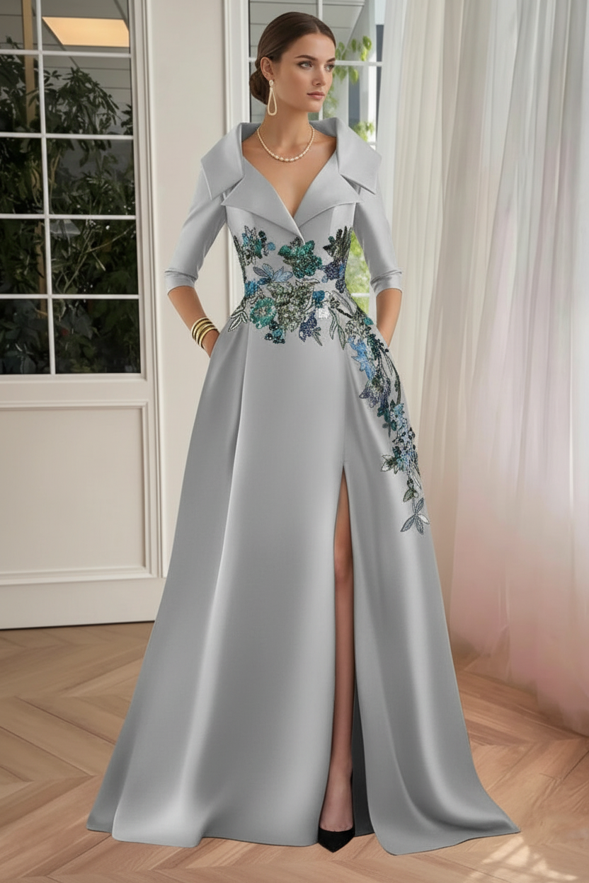 A-Line/Princess Shirt Collar Satin Mother of the Bride Dresses Half Sleeves Floral Sequins Lace Floor-Length with Split Side