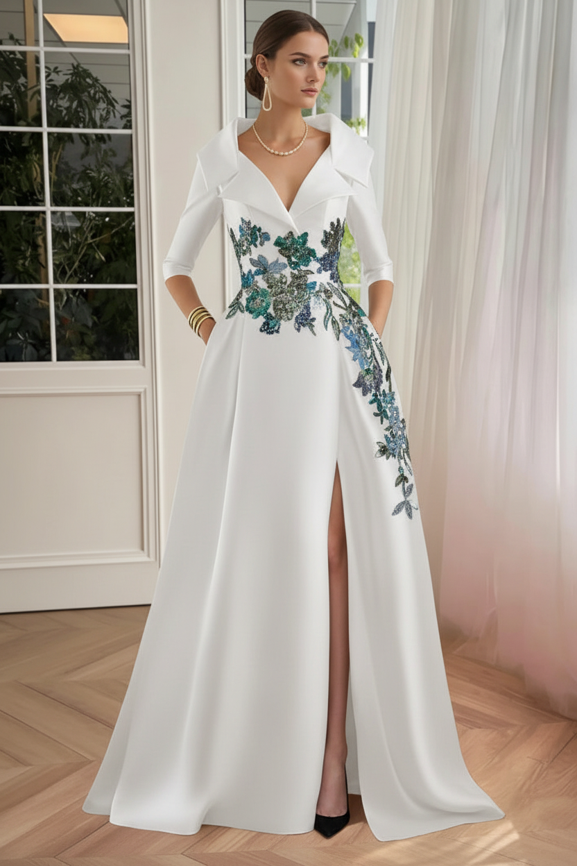 A-Line/Princess Shirt Collar Satin Mother of the Bride Dresses Half Sleeves Floral Sequins Lace Floor-Length with Split Side