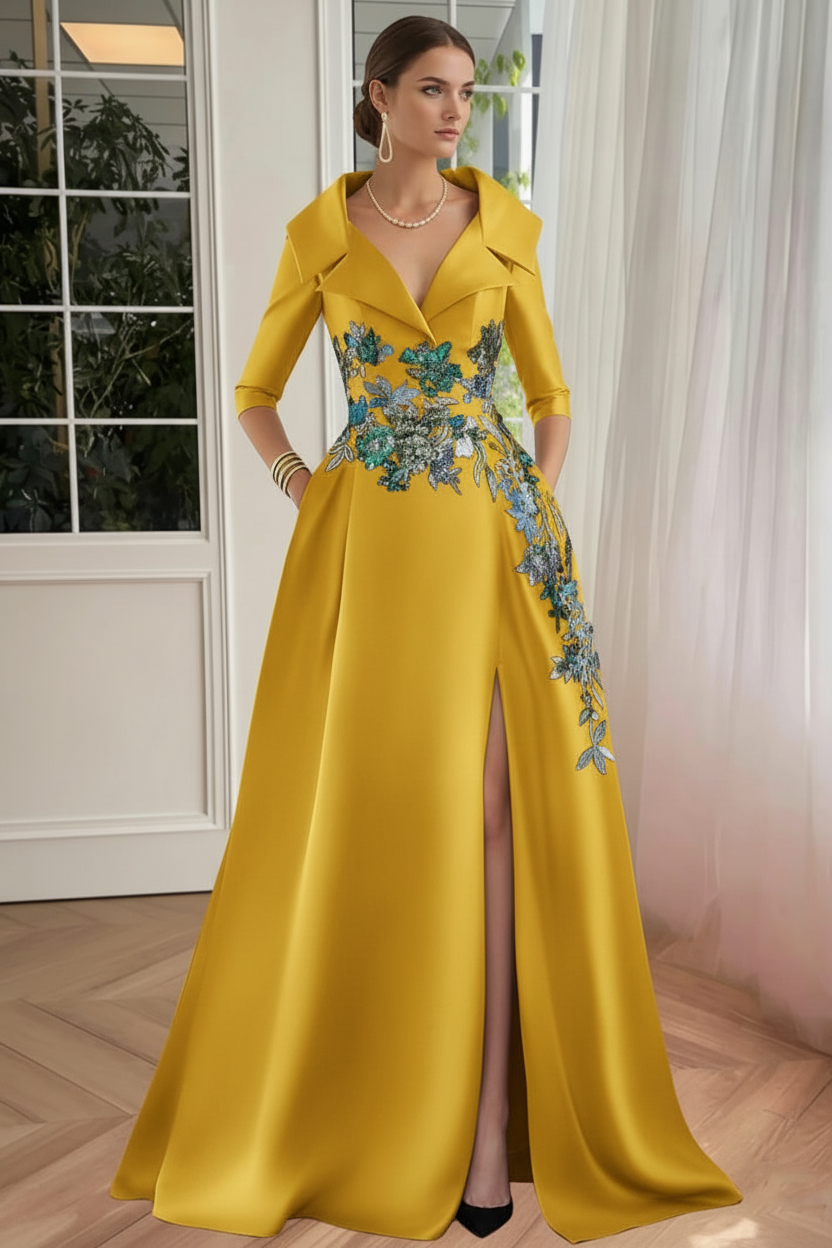 A-Line/Princess Shirt Collar Satin Mother of the Bride Dresses Half Sleeves Floral Sequins Lace Floor-Length with Split Side