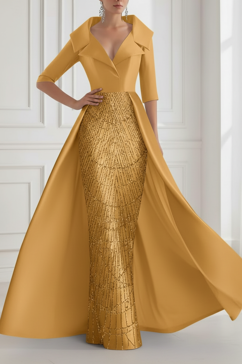 A-Line/Princess Shirt Collar Satin Mother of the Bride Dresses with Overskirt Sequins Sparkle Half Sleeves Floor-Length