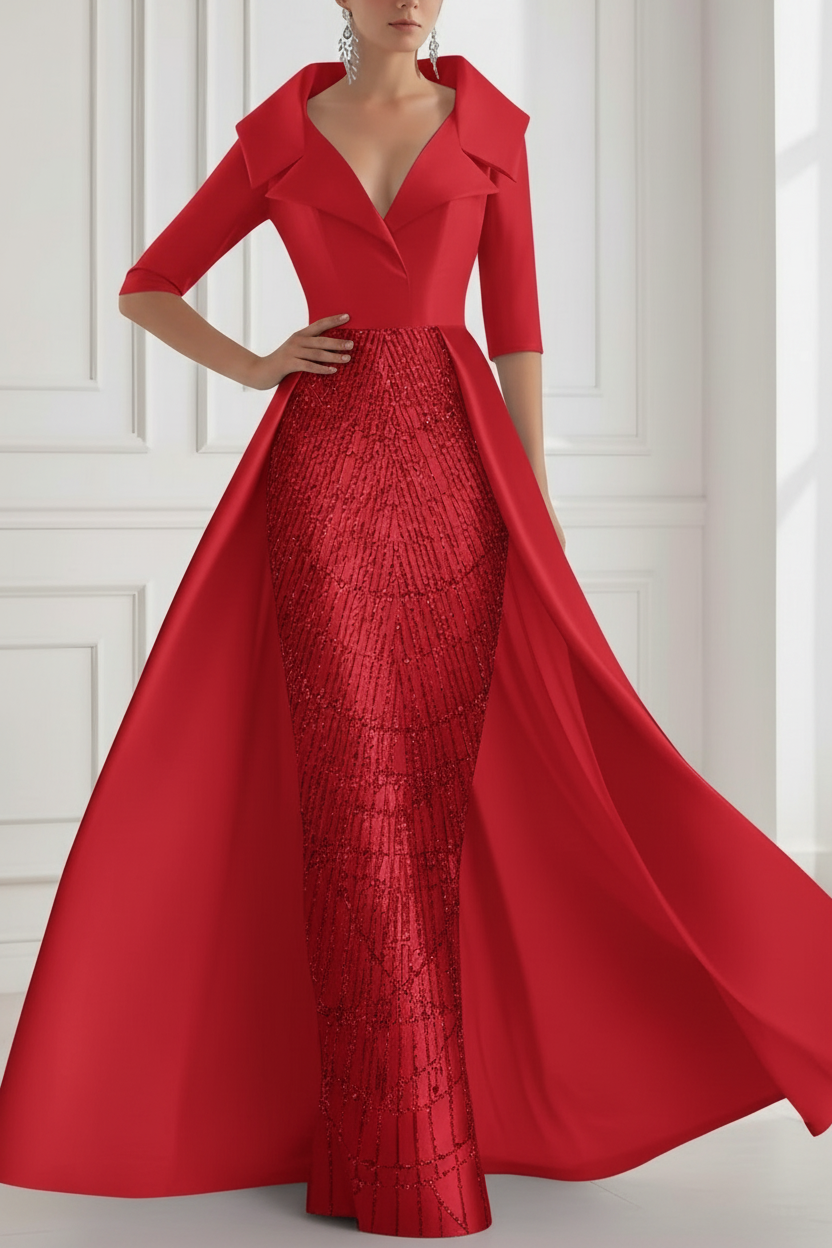 A-Line/Princess Shirt Collar Satin Mother of the Bride Dresses with Overskirt Sequins Sparkle Half Sleeves Floor-Length