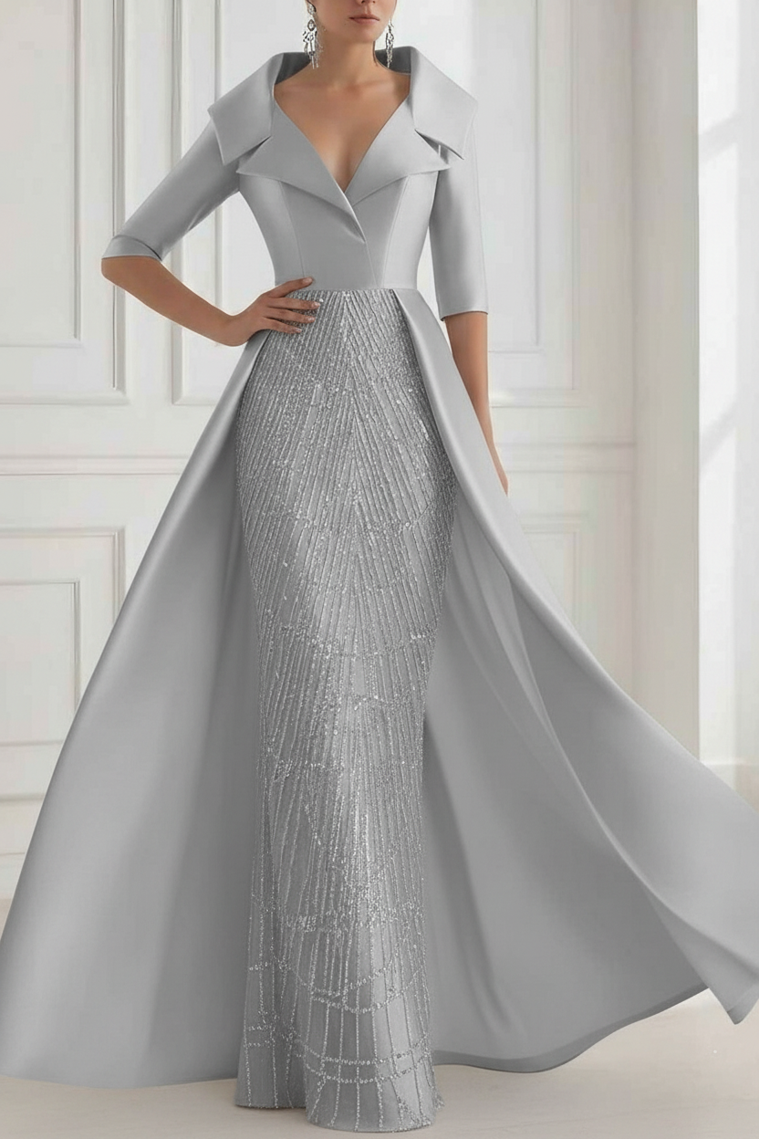 A-Line/Princess Shirt Collar Satin Mother of the Bride Dresses with Overskirt Sequins Sparkle Half Sleeves Floor-Length