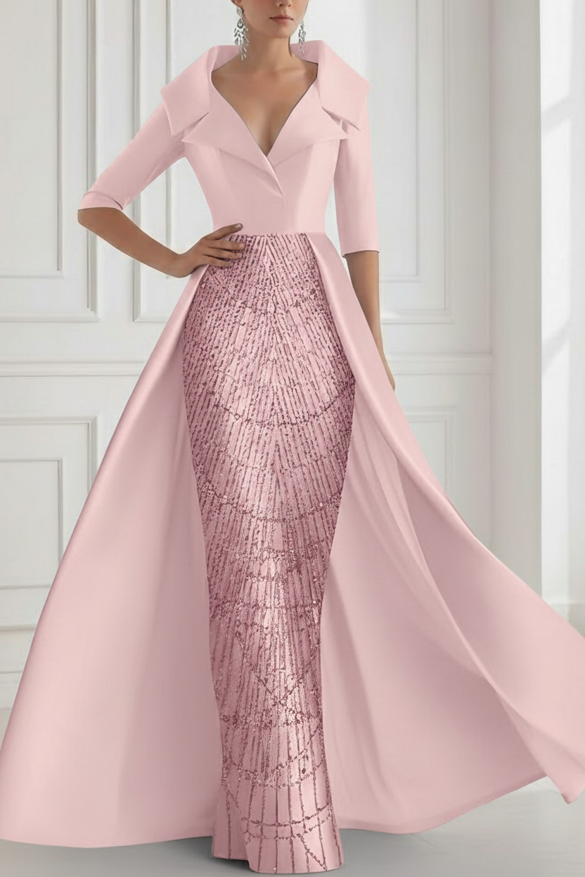 A-Line/Princess Shirt Collar Satin Mother of the Bride Dresses with Overskirt Sequins Sparkle Half Sleeves Floor-Length