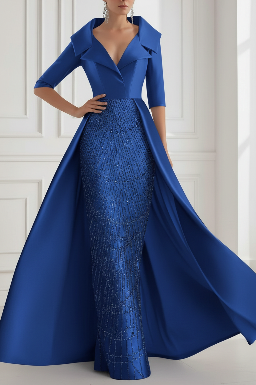 A-Line/Princess Shirt Collar Satin Mother of the Bride Dresses with Overskirt Sequins Sparkle Half Sleeves Floor-Length
