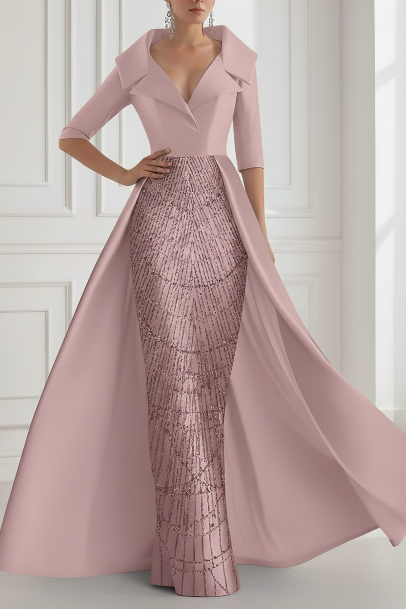 A-Line/Princess Shirt Collar Satin Mother of the Bride Dresses with Overskirt Sequins Sparkle Half Sleeves Floor-Length