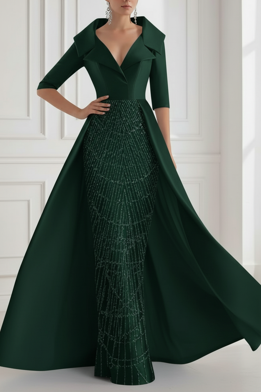 A-Line/Princess Shirt Collar Satin Mother of the Bride Dresses with Overskirt Sequins Sparkle Half Sleeves Floor-Length