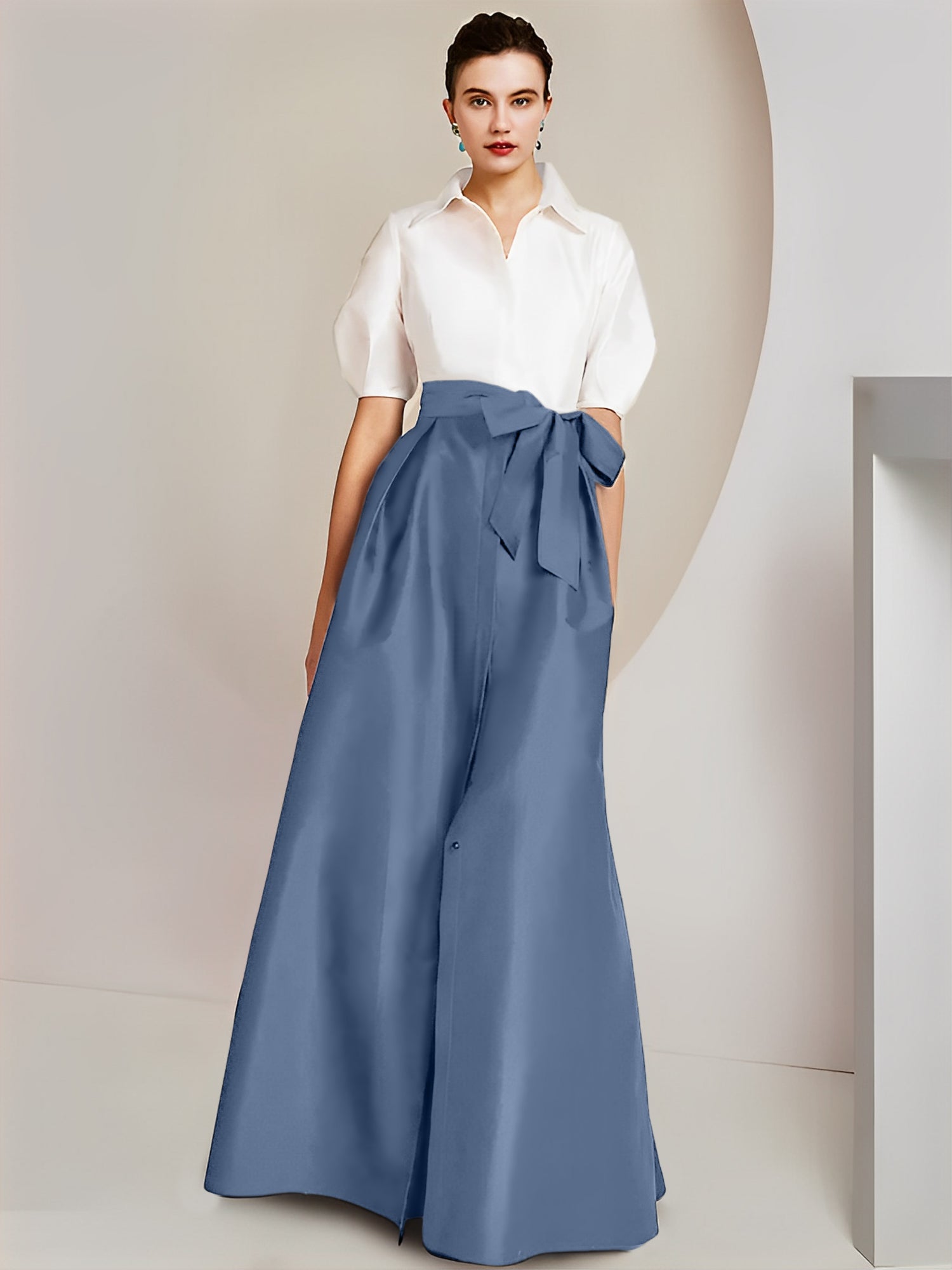 A-Line/Princess Shirt Collar Short Sleeves Floor-Length Mother Of The Bride Dresses with Bowknot