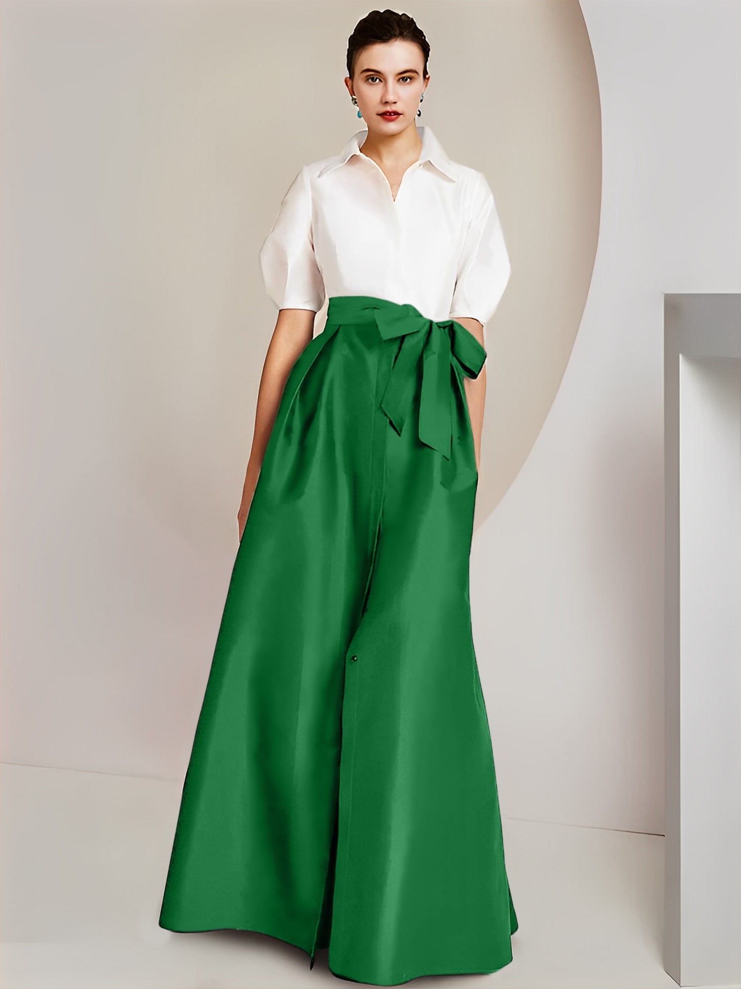 A-Line/Princess Shirt Collar Short Sleeves Floor-Length Mother Of The Bride Dresses with Bowknot