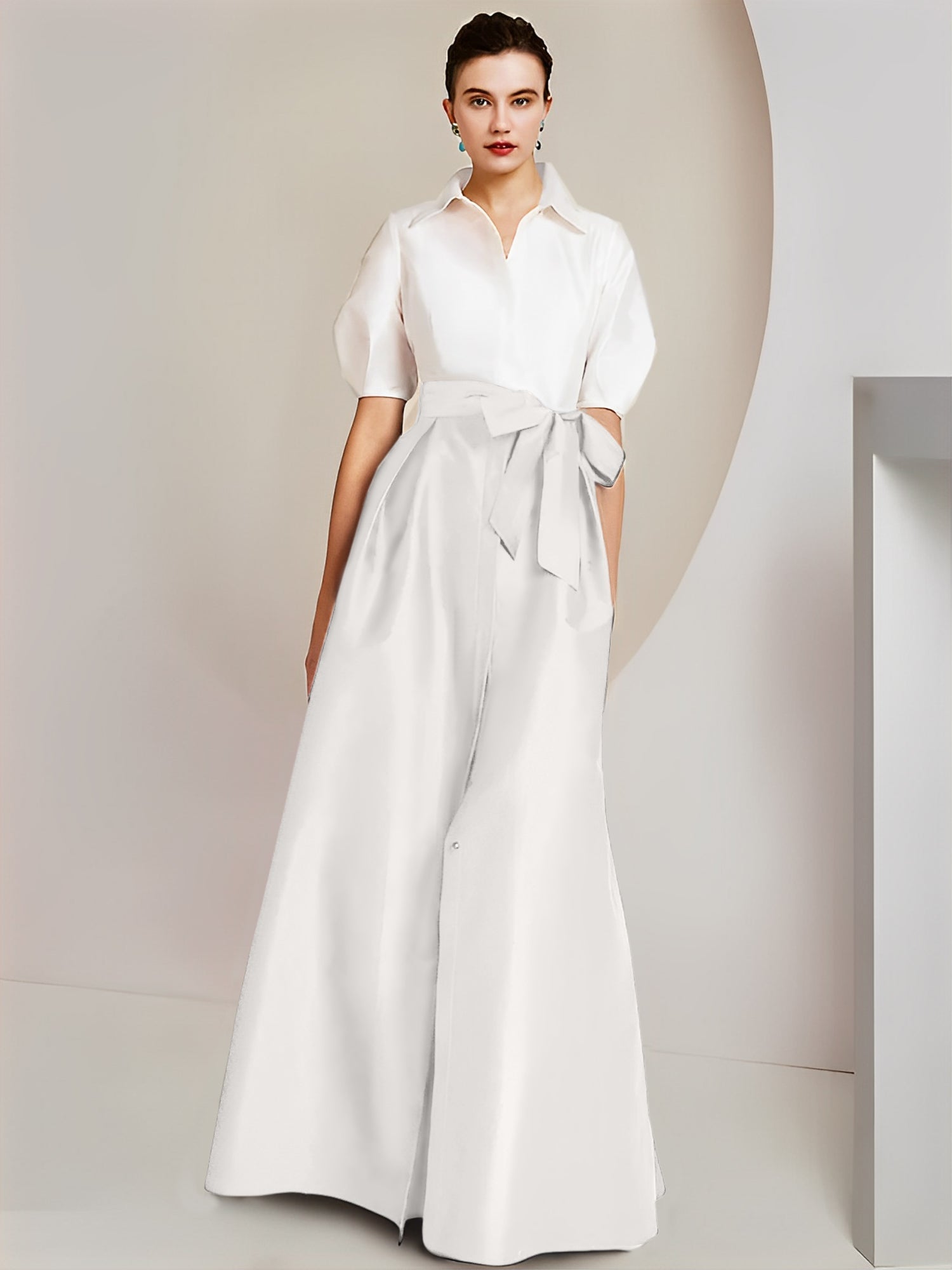 A-Line/Princess Shirt Collar Short Sleeves Floor-Length Mother Of The Bride Dresses with Bowknot