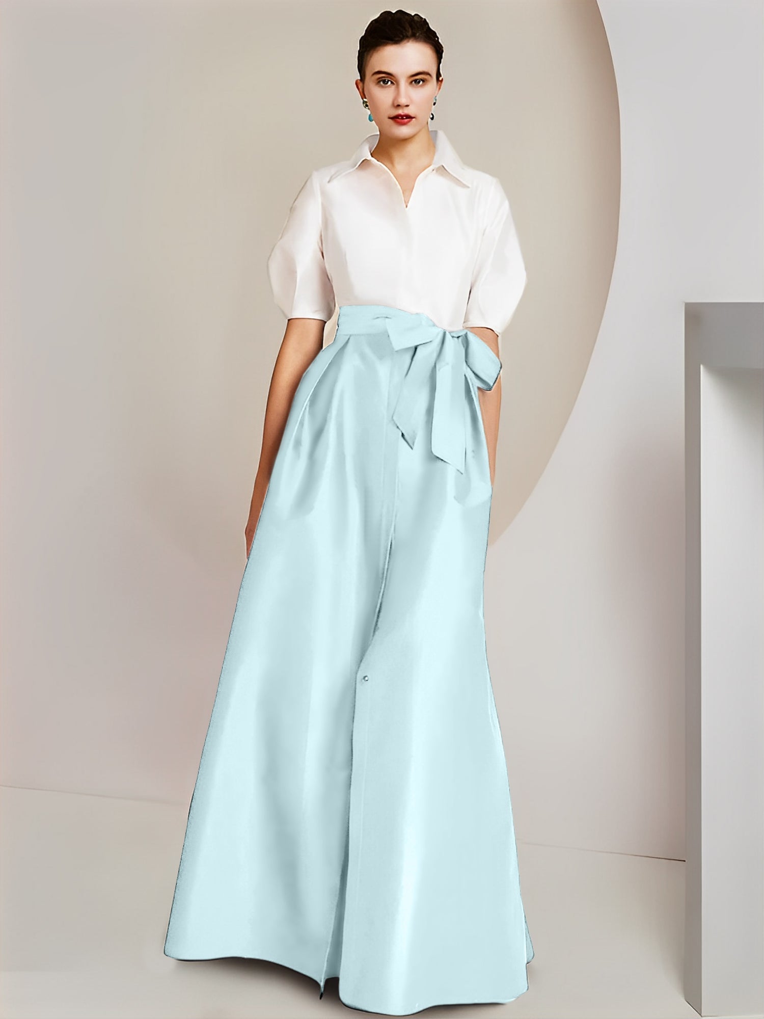 A-Line/Princess Shirt Collar Short Sleeves Floor-Length Mother Of The Bride Dresses with Bowknot