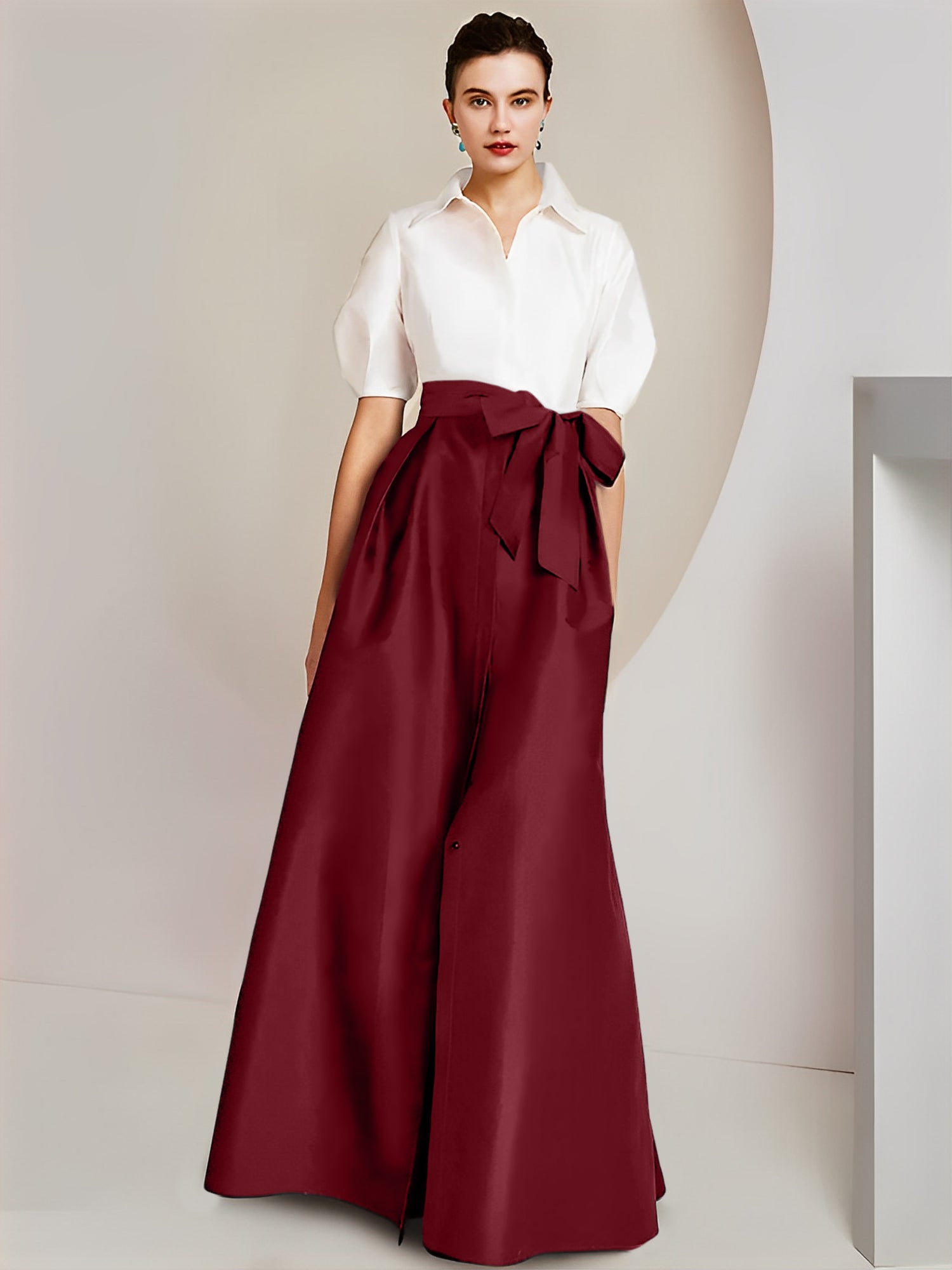 A-Line/Princess Shirt Collar Short Sleeves Floor-Length Mother Of The Bride Dresses with Bowknot