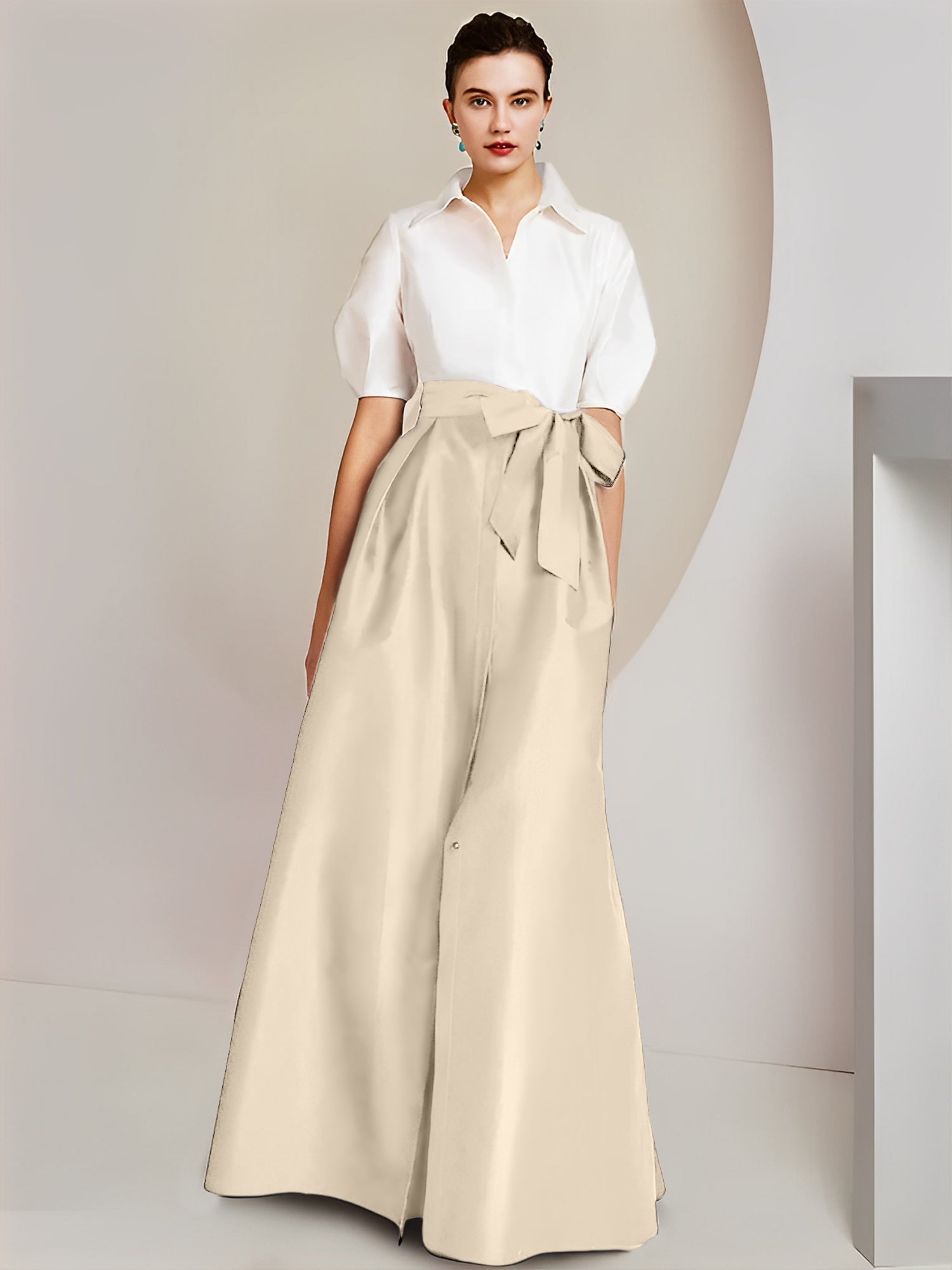 A-Line/Princess Shirt Collar Short Sleeves Floor-Length Mother Of The Bride Dresses with Bowknot
