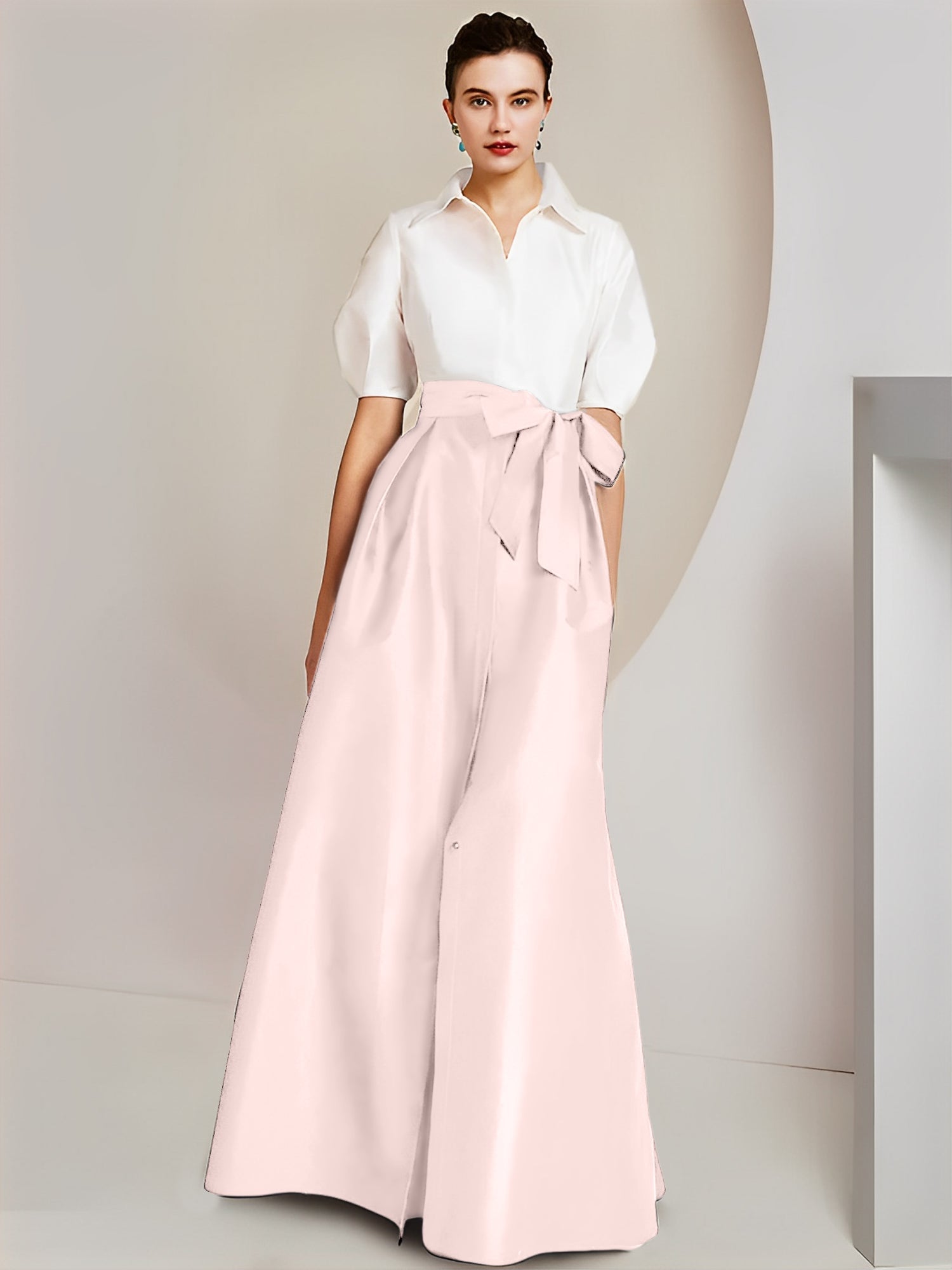A-Line/Princess Shirt Collar Short Sleeves Floor-Length Mother Of The Bride Dresses with Bowknot