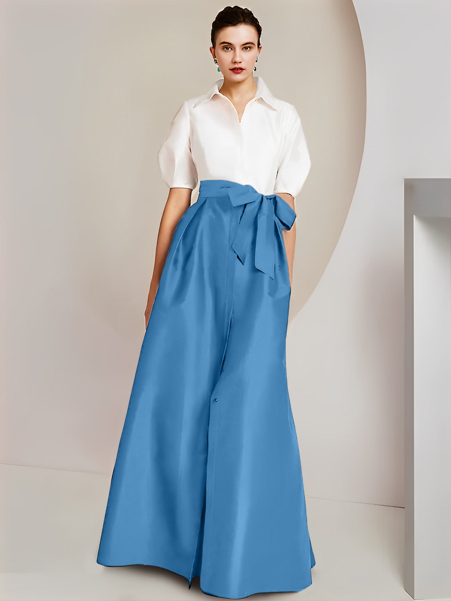 A-Line/Princess Shirt Collar Short Sleeves Floor-Length Mother Of The Bride Dresses with Bowknot
