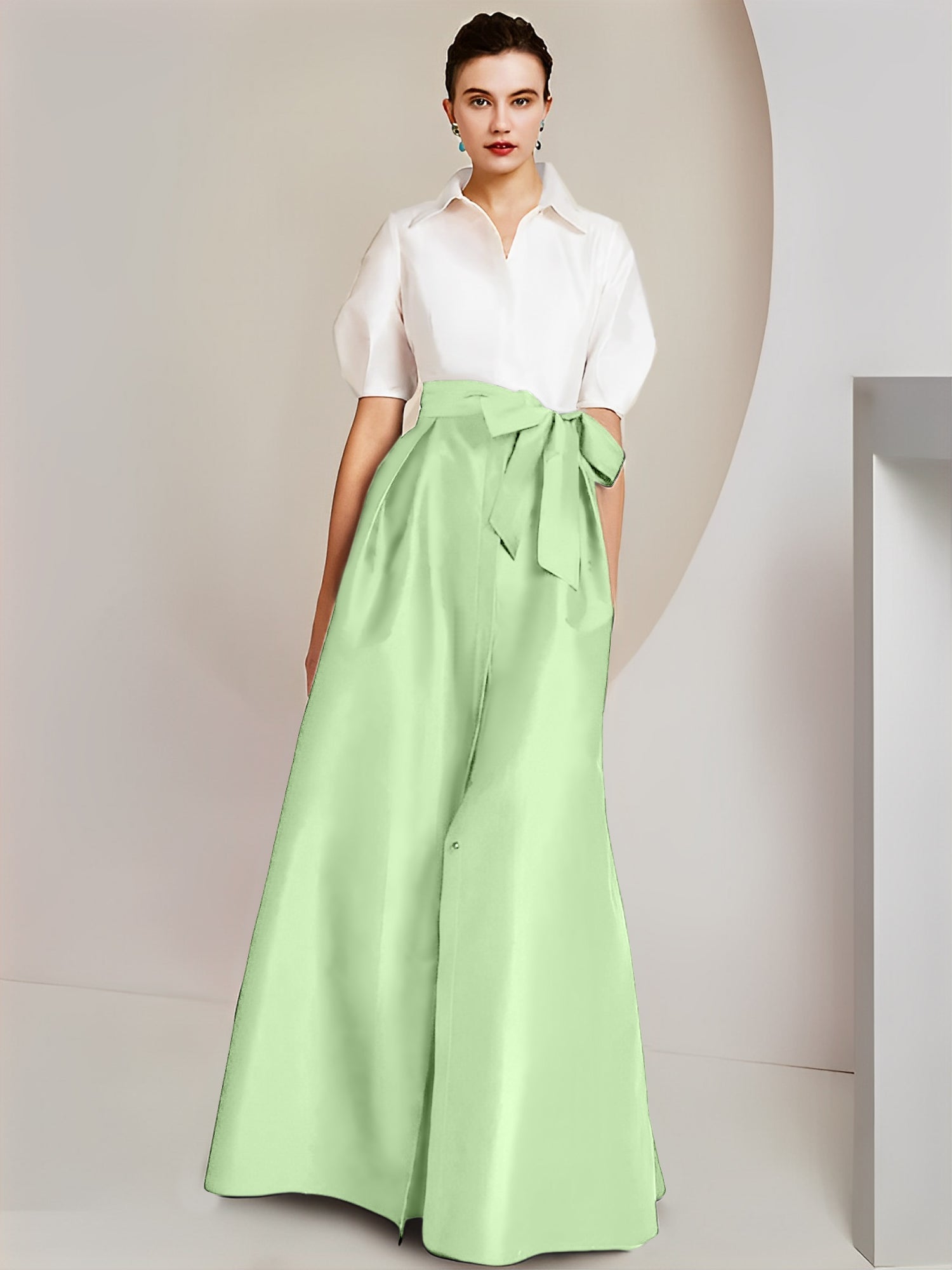 A-Line/Princess Shirt Collar Short Sleeves Floor-Length Mother Of The Bride Dresses with Bowknot
