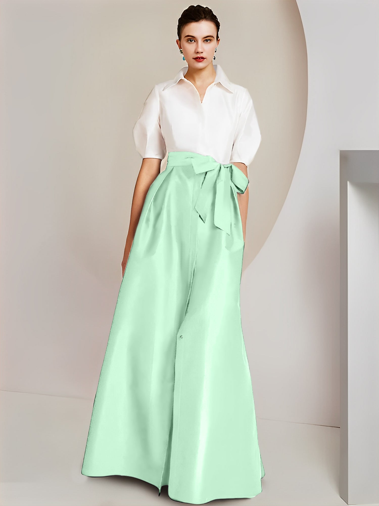 A-Line/Princess Shirt Collar Short Sleeves Floor-Length Mother Of The Bride Dresses with Bowknot