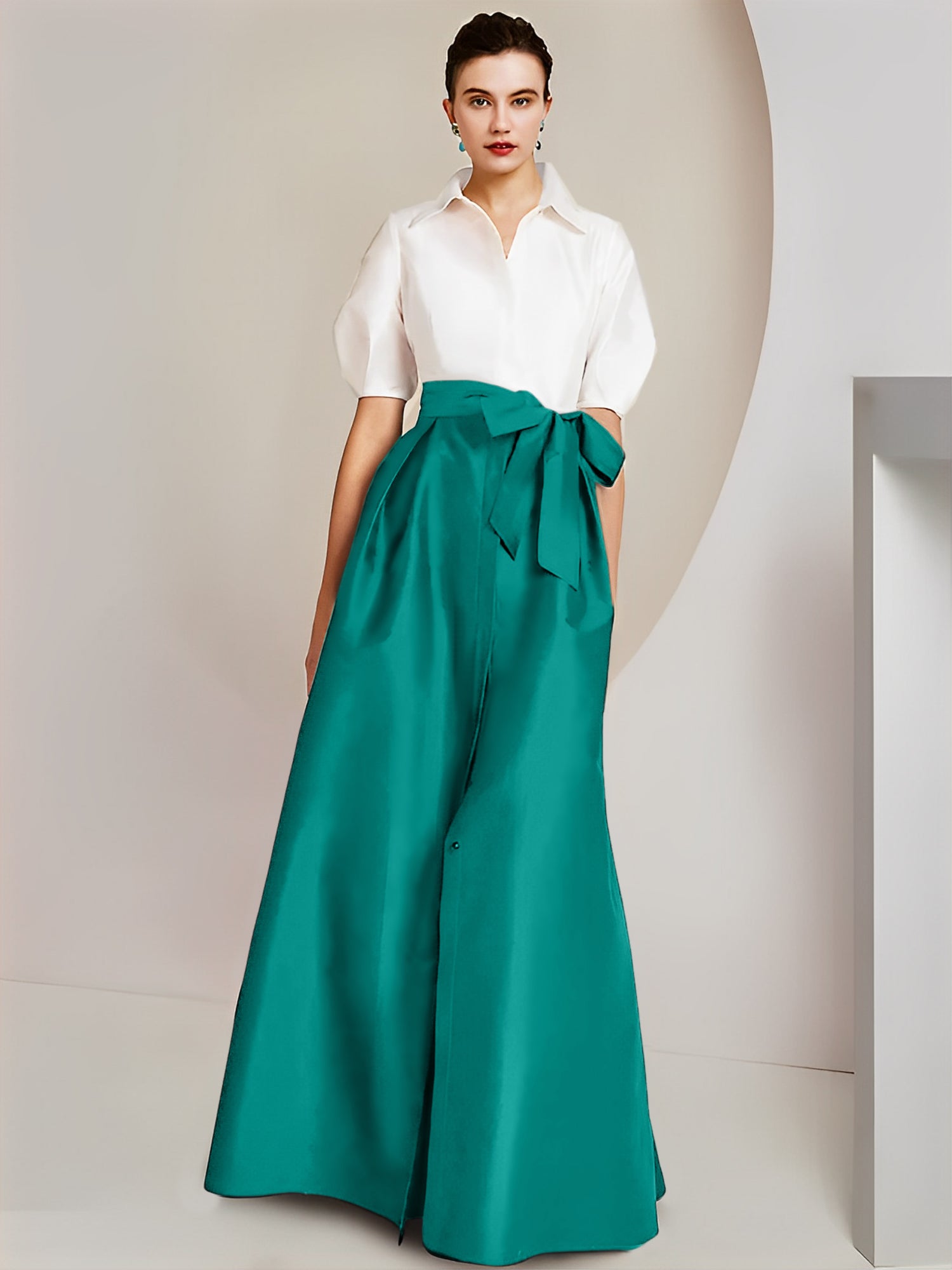 A-Line/Princess Shirt Collar Short Sleeves Floor-Length Mother Of The Bride Dresses with Bowknot