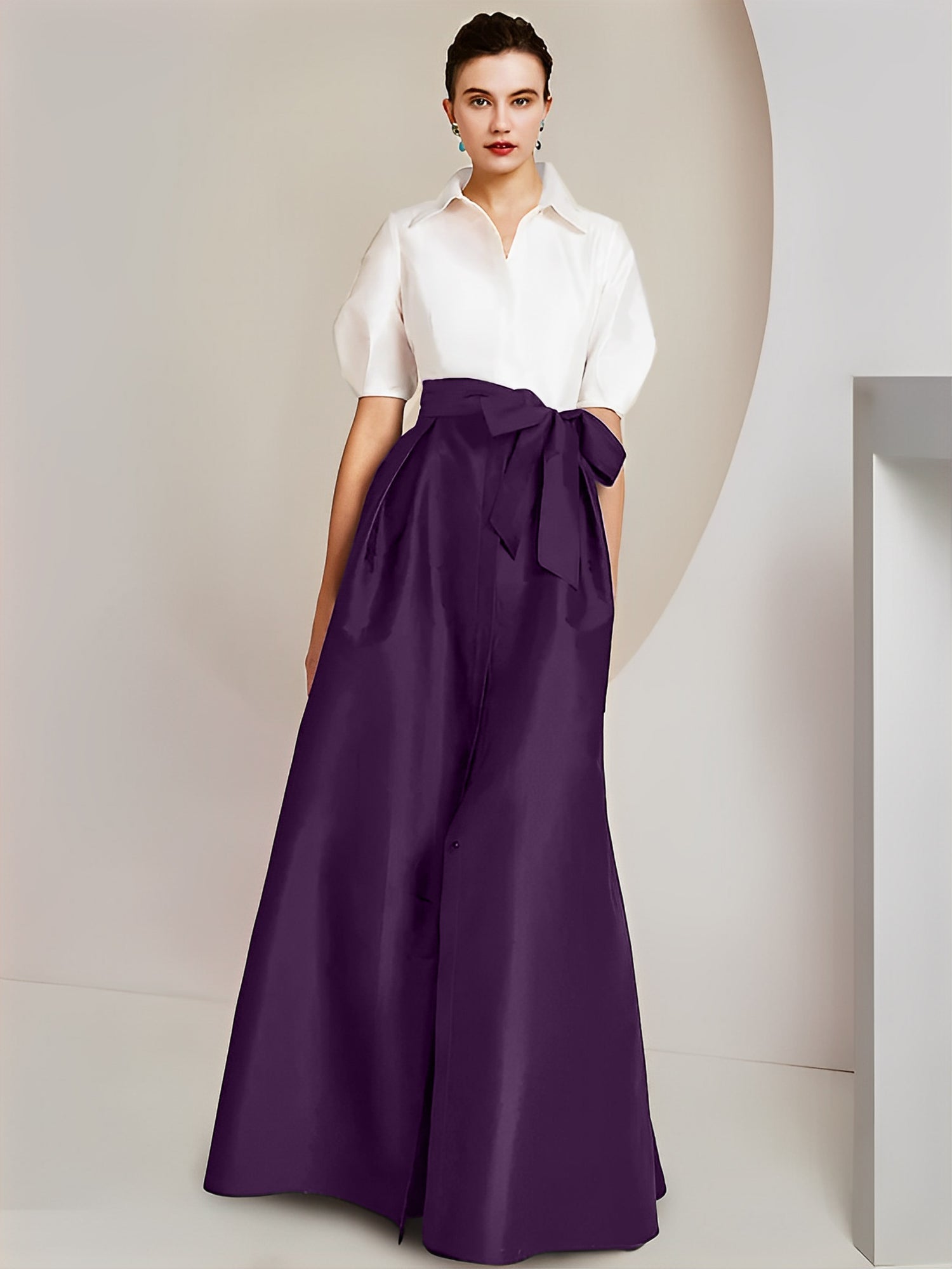 A-Line/Princess Shirt Collar Short Sleeves Floor-Length Mother Of The Bride Dresses with Bowknot