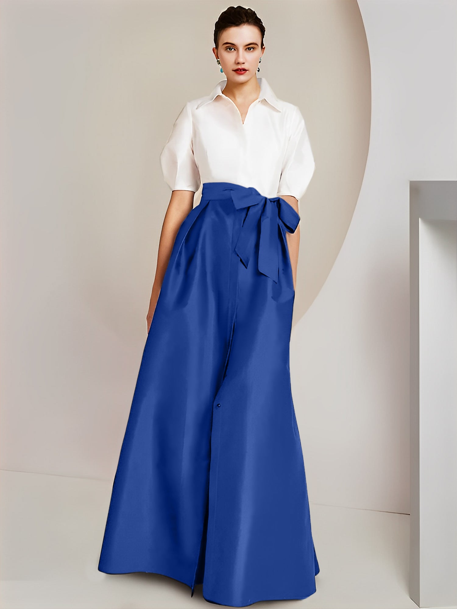 A-Line/Princess Shirt Collar Short Sleeves Floor-Length Mother Of The Bride Dresses with Bowknot