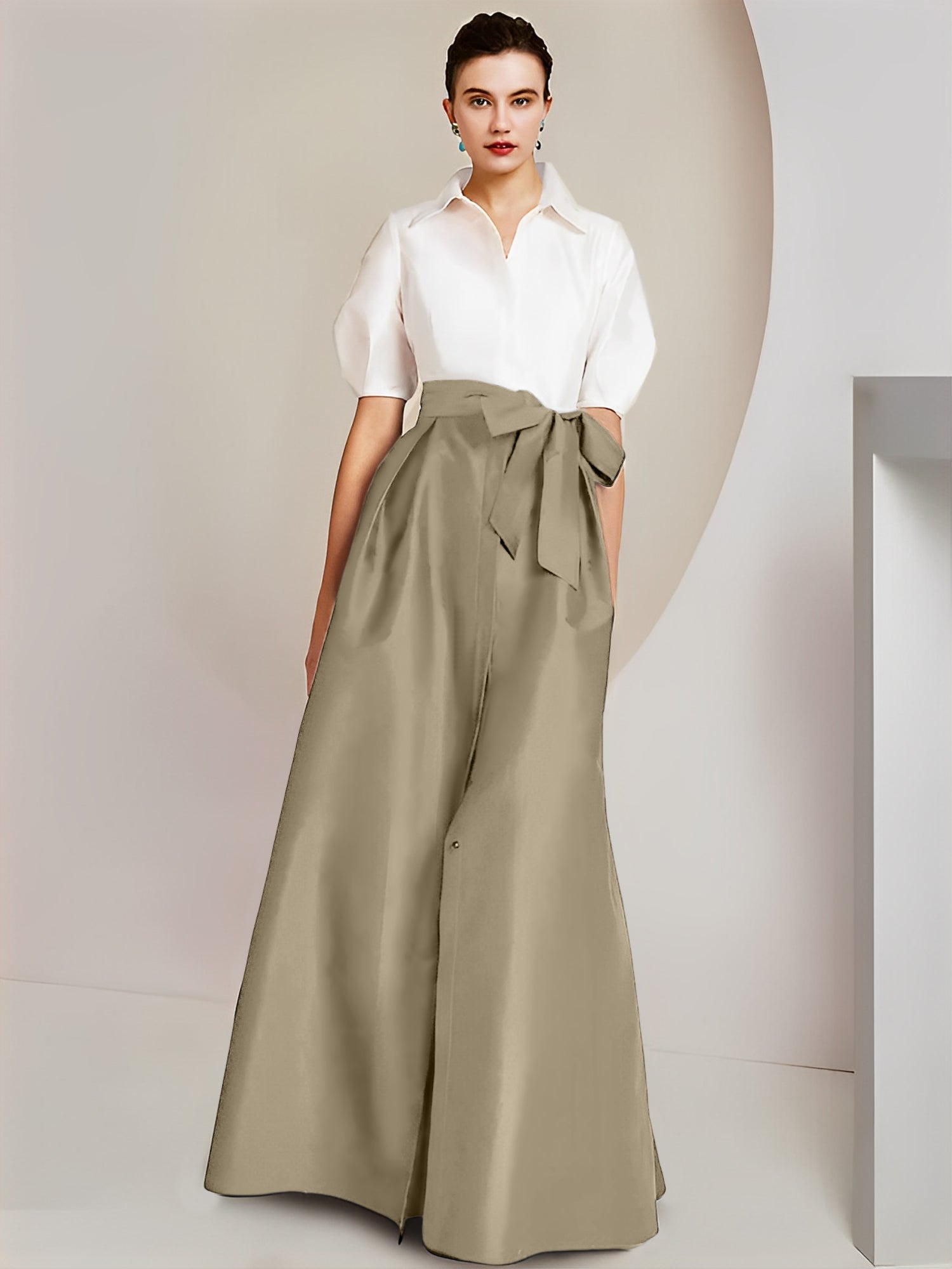 A-Line/Princess Shirt Collar Short Sleeves Floor-Length Mother Of The Bride Dresses with Bowknot