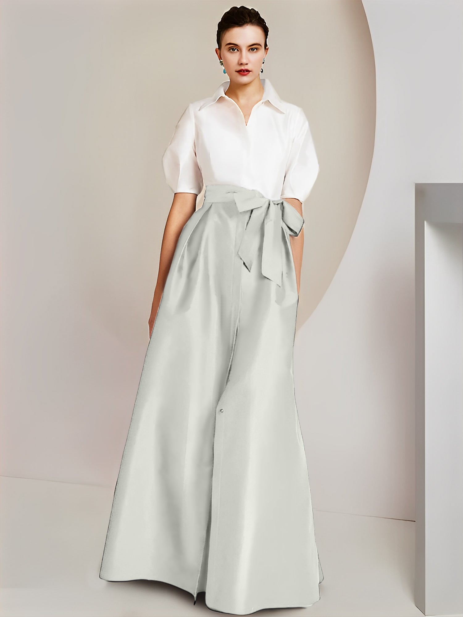 A-Line/Princess Shirt Collar Short Sleeves Floor-Length Mother Of The Bride Dresses with Bowknot