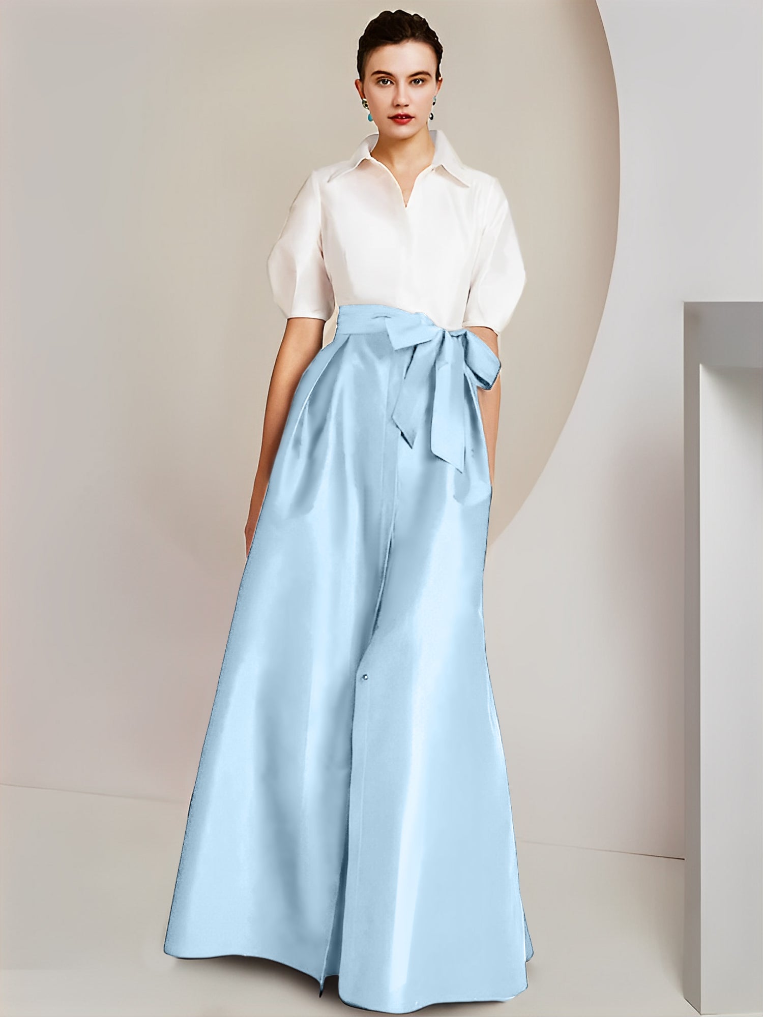A-Line/Princess Shirt Collar Short Sleeves Floor-Length Mother Of The Bride Dresses with Bowknot