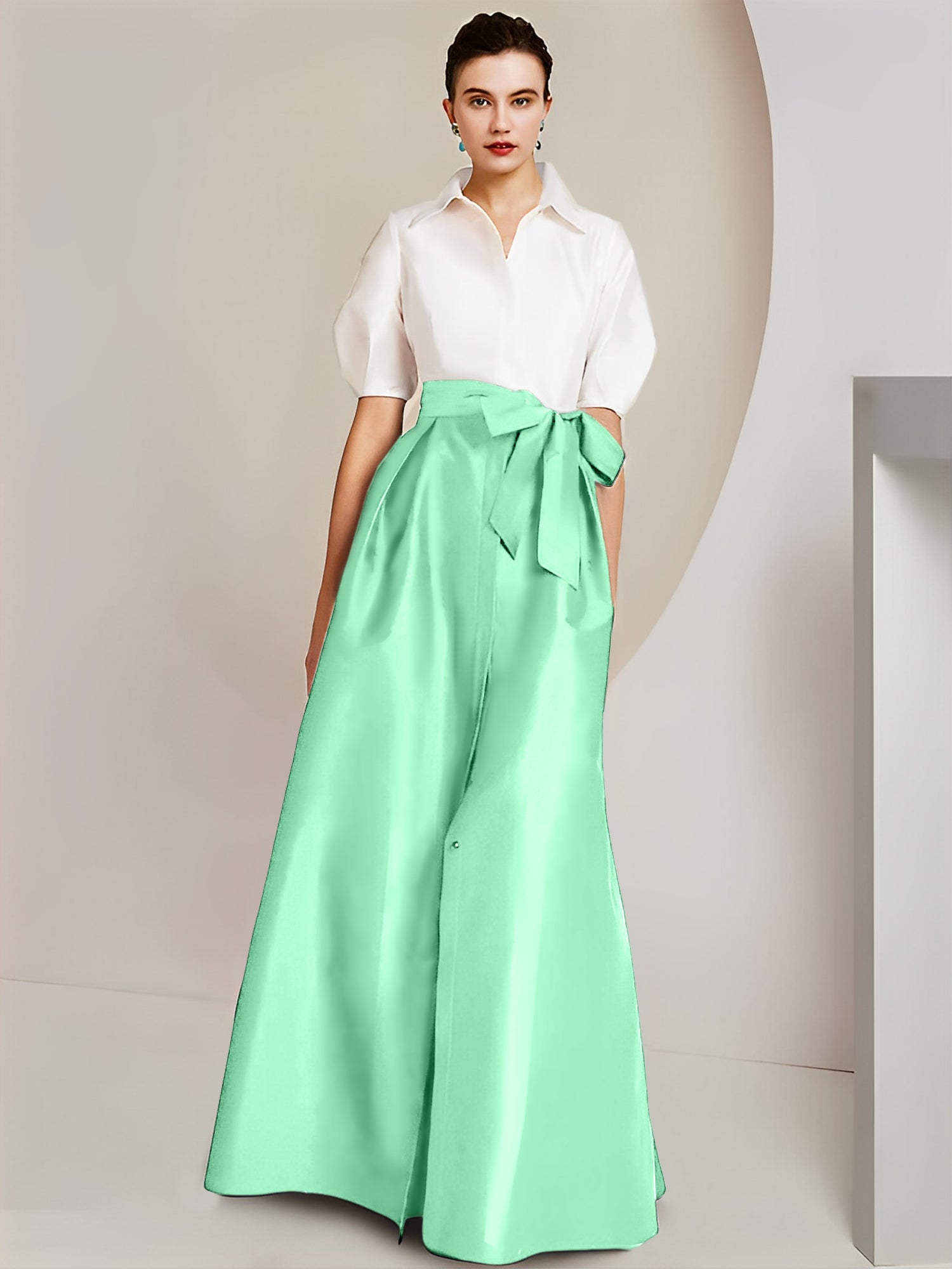 A-Line/Princess Shirt Collar Short Sleeves Floor-Length Mother Of The Bride Dresses with Bowknot