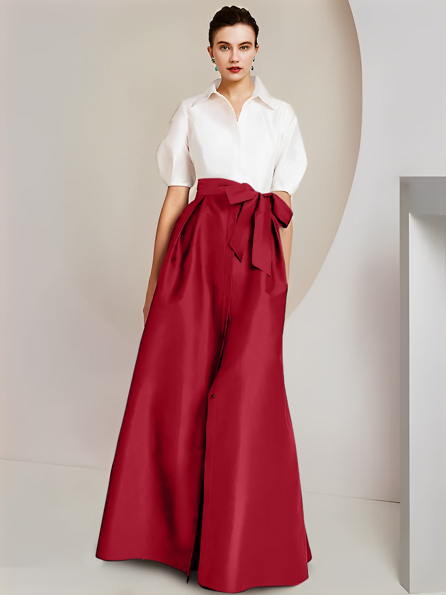 A-Line/Princess Shirt Collar Short Sleeves Floor-Length Mother Of The Bride Dresses with Bowknot
