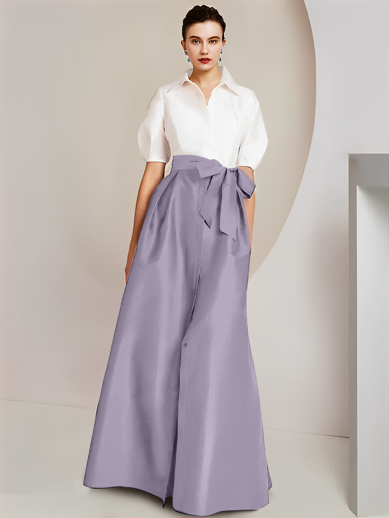 A-Line/Princess Shirt Collar Short Sleeves Floor-Length Mother Of The Bride Dresses with Bowknot