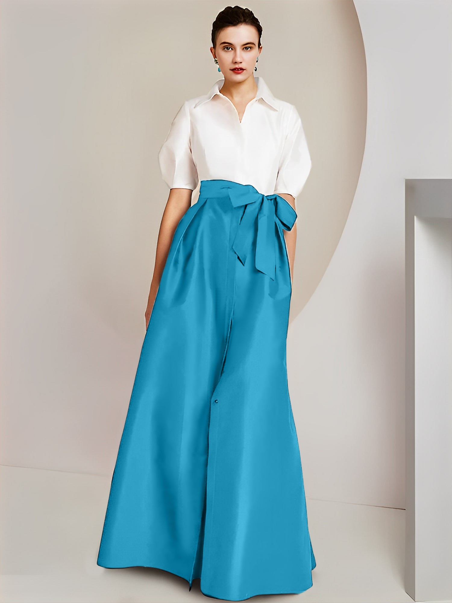A-Line/Princess Shirt Collar Short Sleeves Floor-Length Mother Of The Bride Dresses with Bowknot