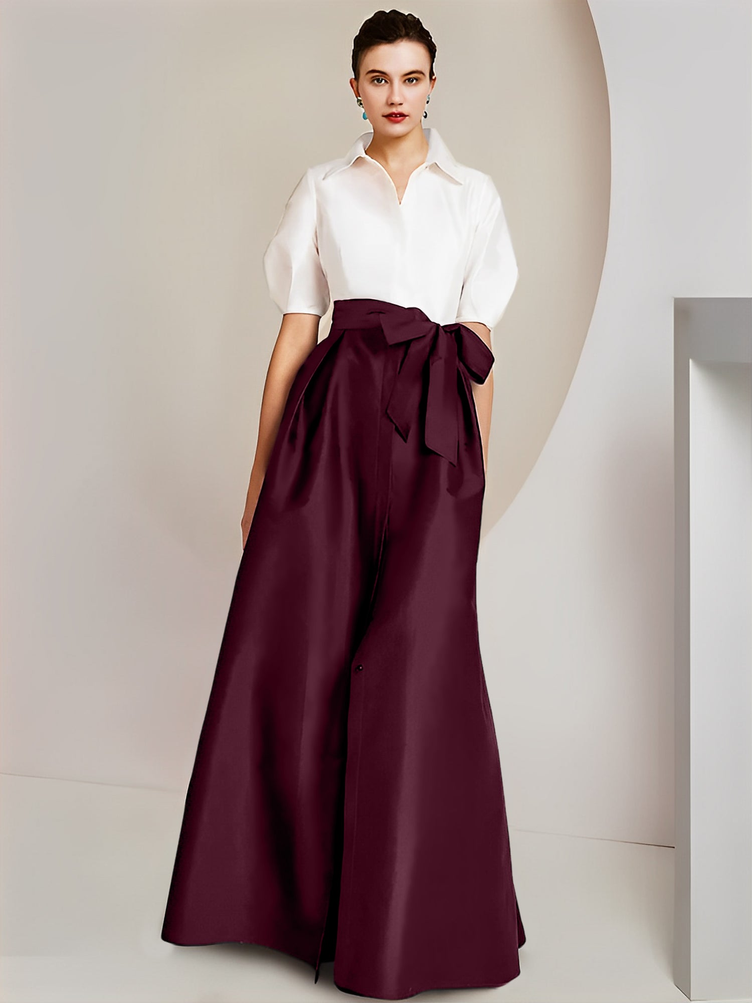 A-Line/Princess Shirt Collar Short Sleeves Floor-Length Mother Of The Bride Dresses with Bowknot