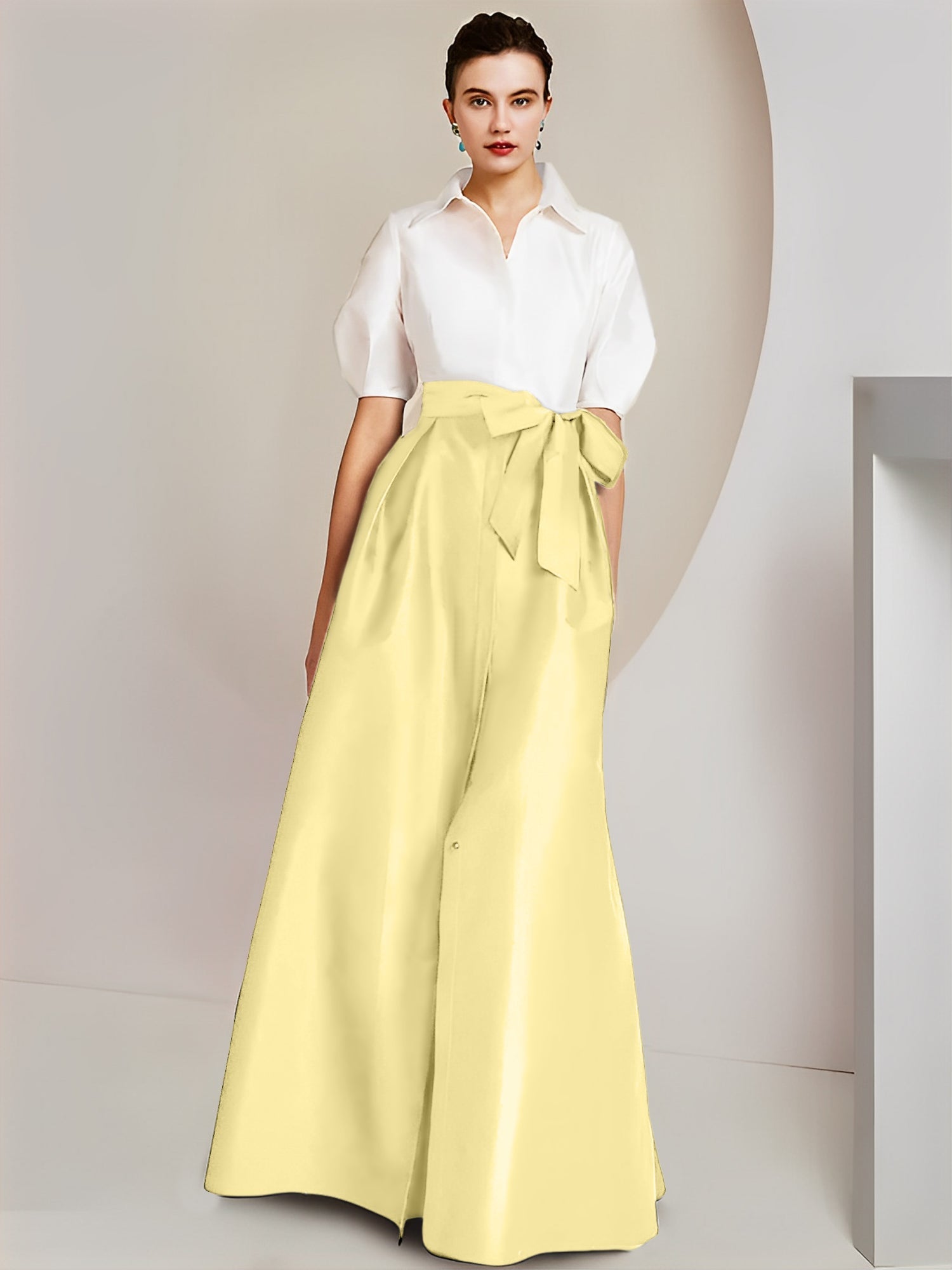 A-Line/Princess Shirt Collar Short Sleeves Floor-Length Mother Of The Bride Dresses with Bowknot
