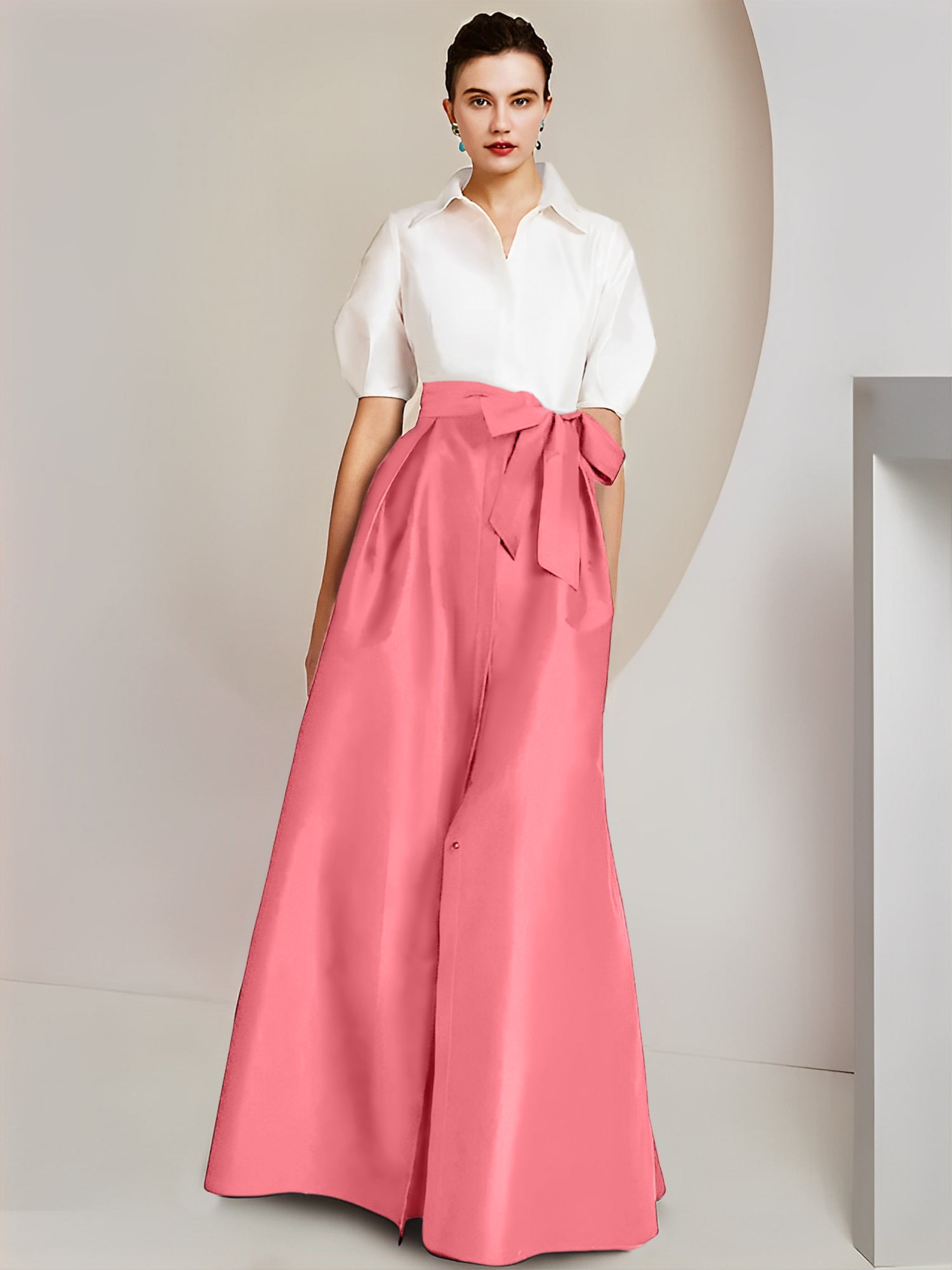 A-Line/Princess Shirt Collar Short Sleeves Floor-Length Mother Of The Bride Dresses with Bowknot