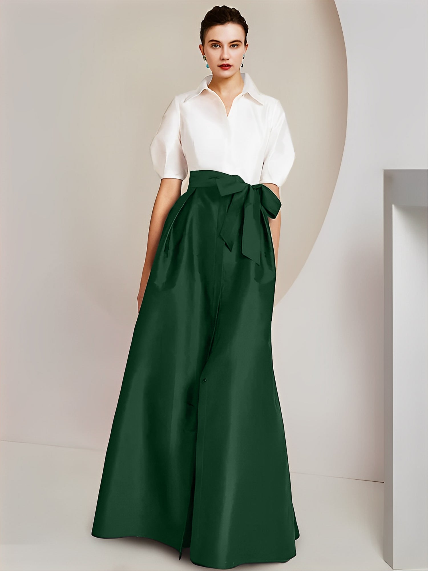 A-Line/Princess Shirt Collar Short Sleeves Floor-Length Mother Of The Bride Dresses with Bowknot