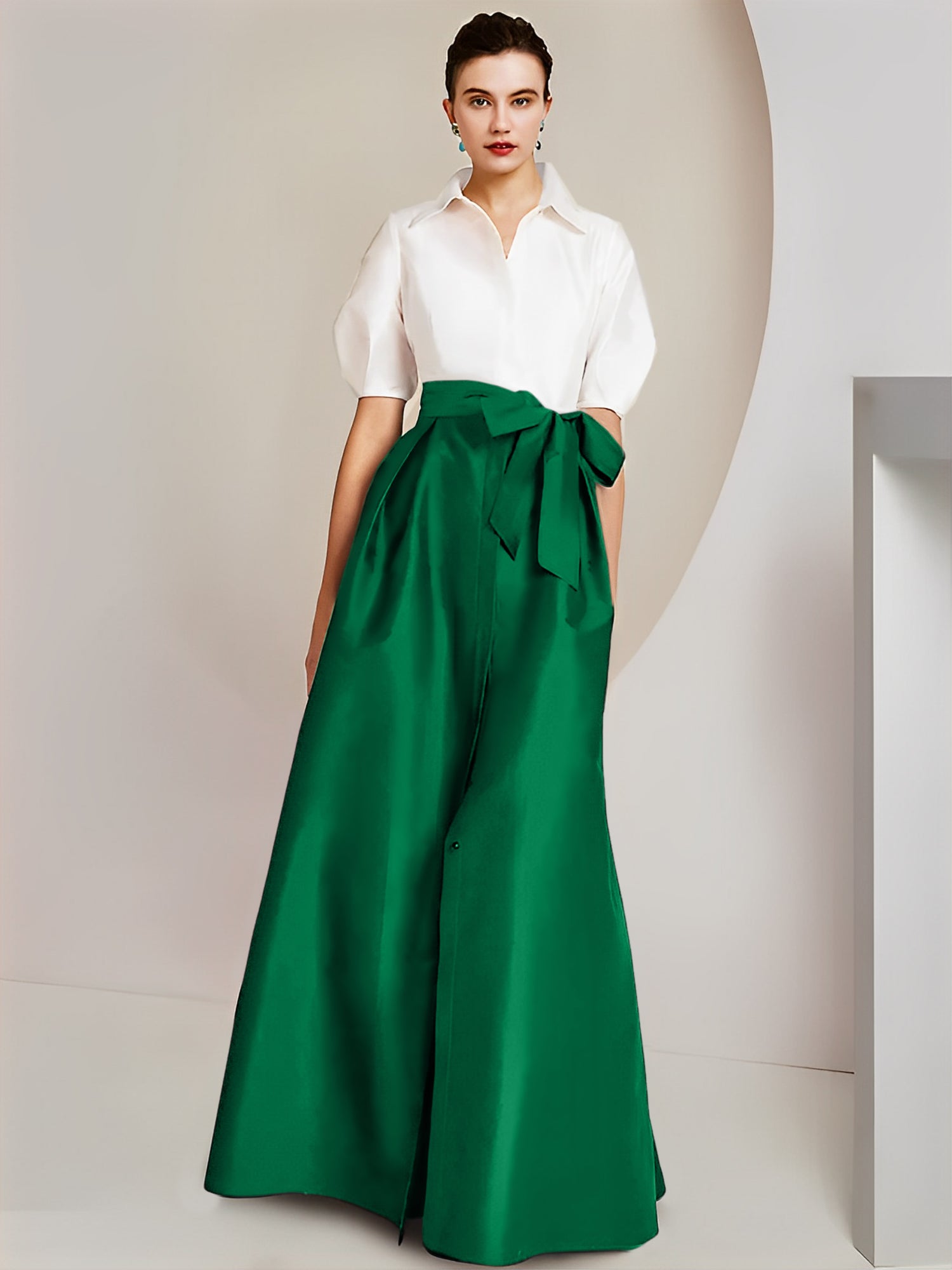 A-Line/Princess Shirt Collar Short Sleeves Floor-Length Mother Of The Bride Dresses with Bowknot