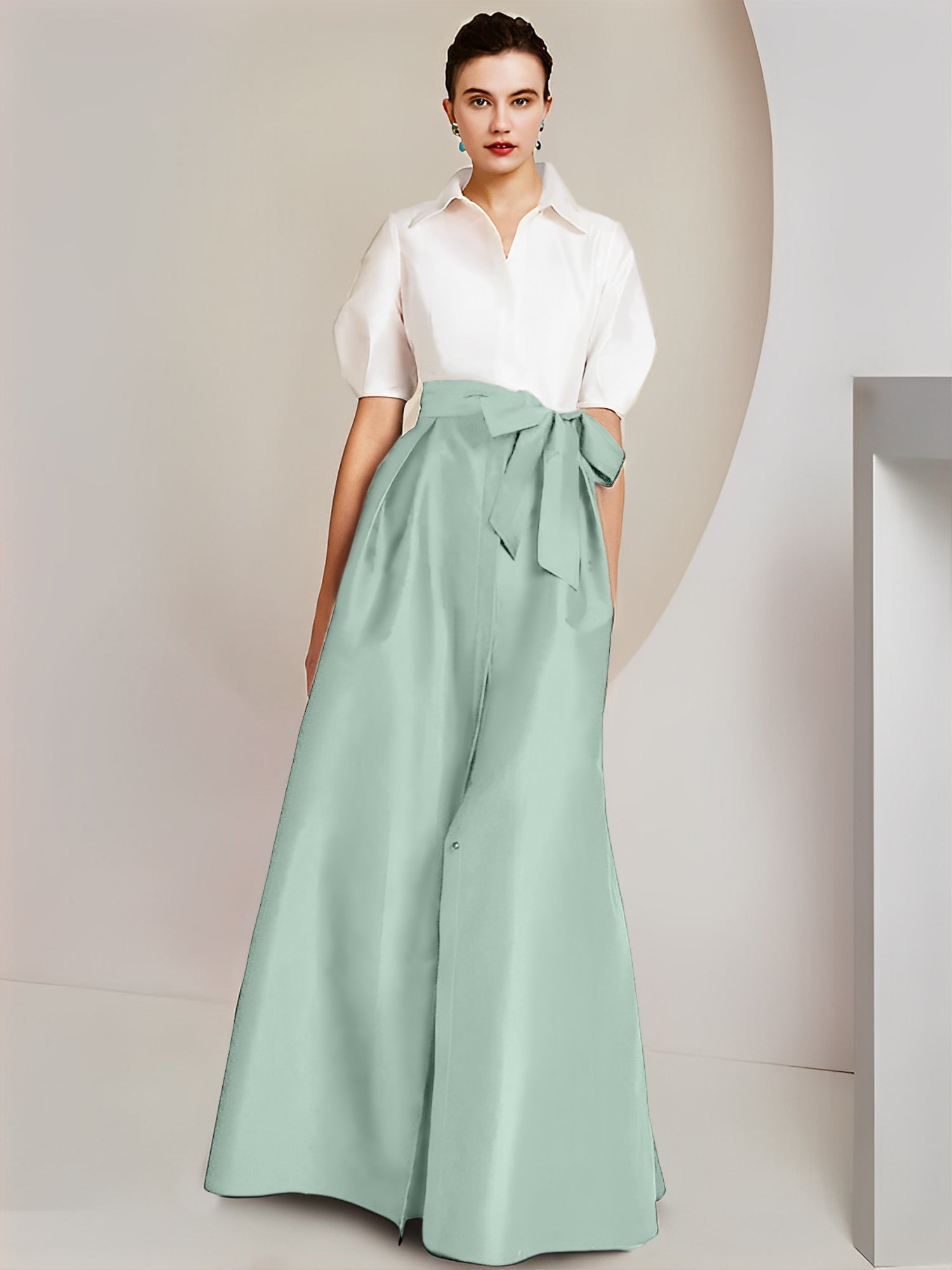 A-Line/Princess Shirt Collar Short Sleeves Floor-Length Mother Of The Bride Dresses with Bowknot