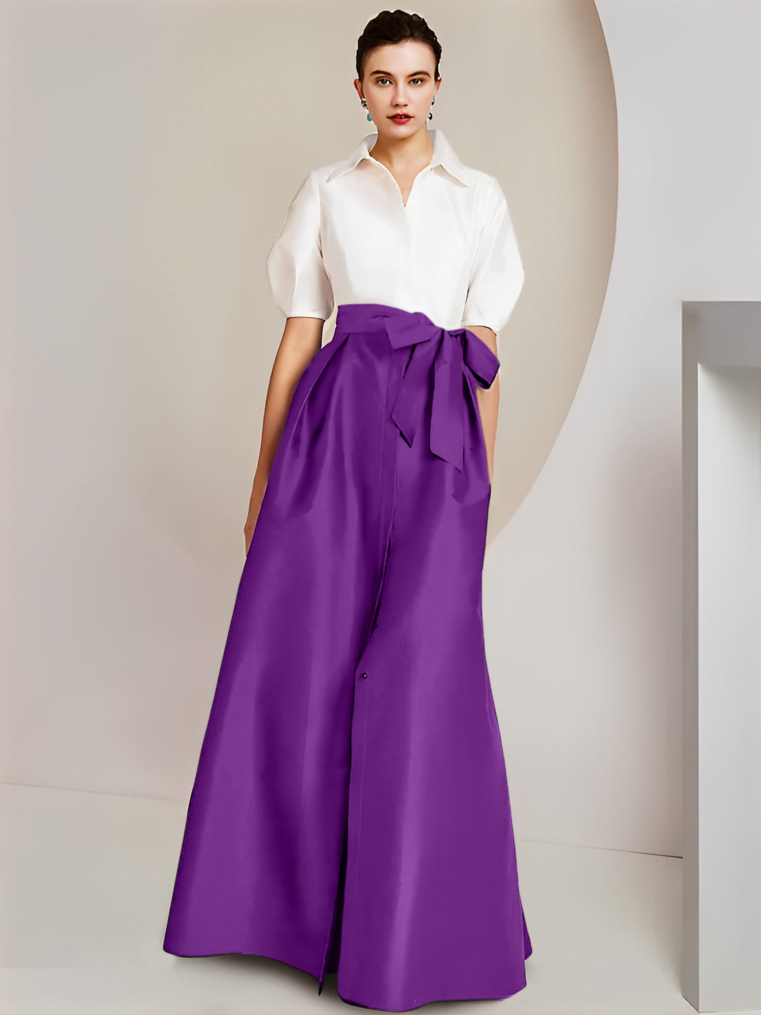 A-Line/Princess Shirt Collar Short Sleeves Floor-Length Mother Of The Bride Dresses with Bowknot