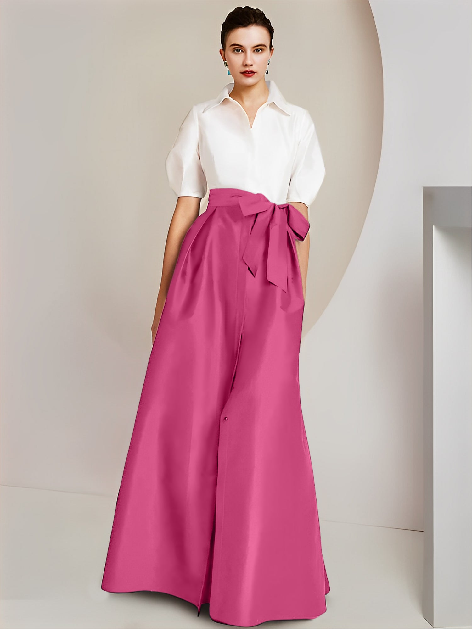 A-Line/Princess Shirt Collar Short Sleeves Floor-Length Mother Of The Bride Dresses with Bowknot