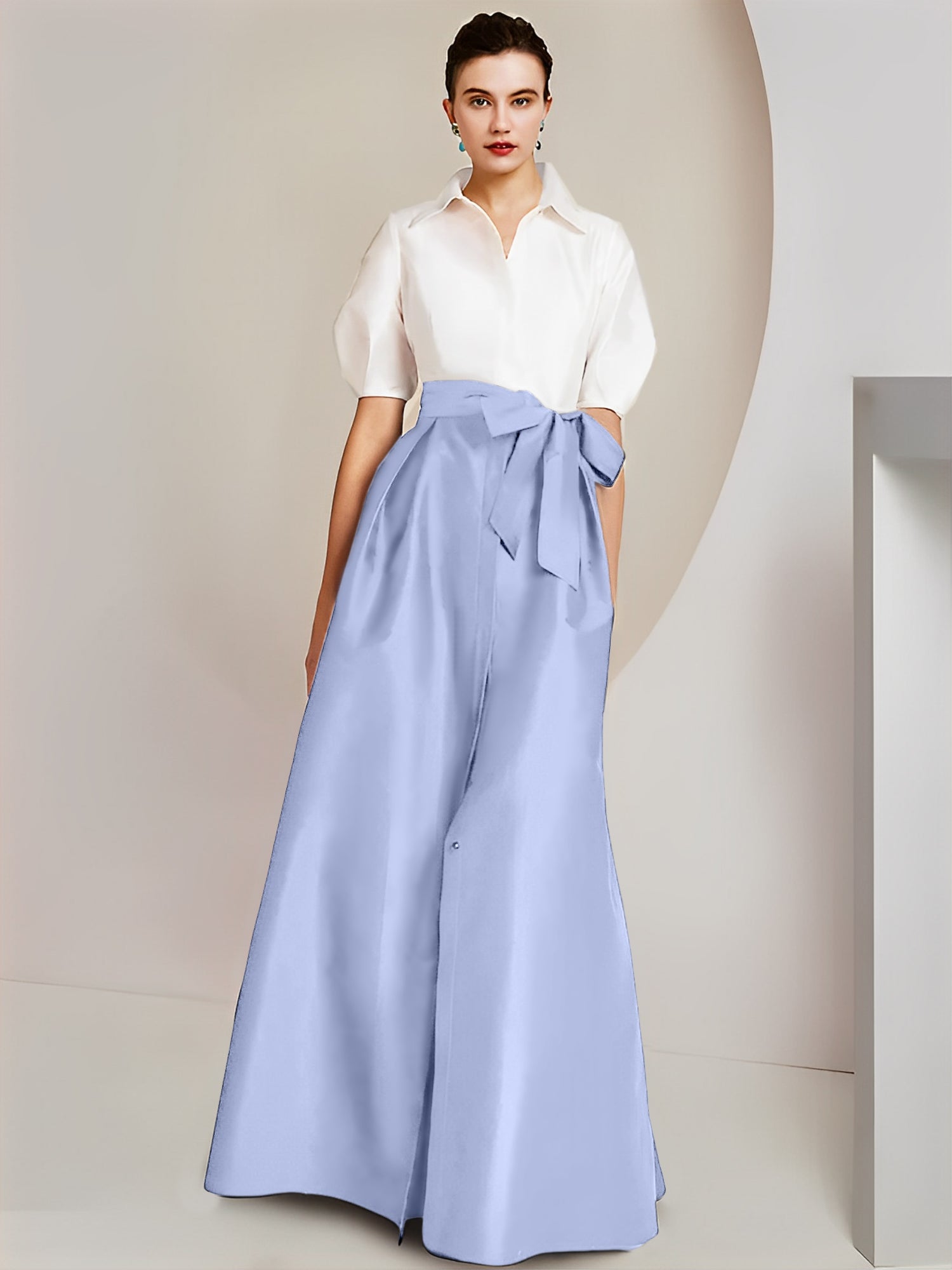 A-Line/Princess Shirt Collar Short Sleeves Floor-Length Mother Of The Bride Dresses with Bowknot