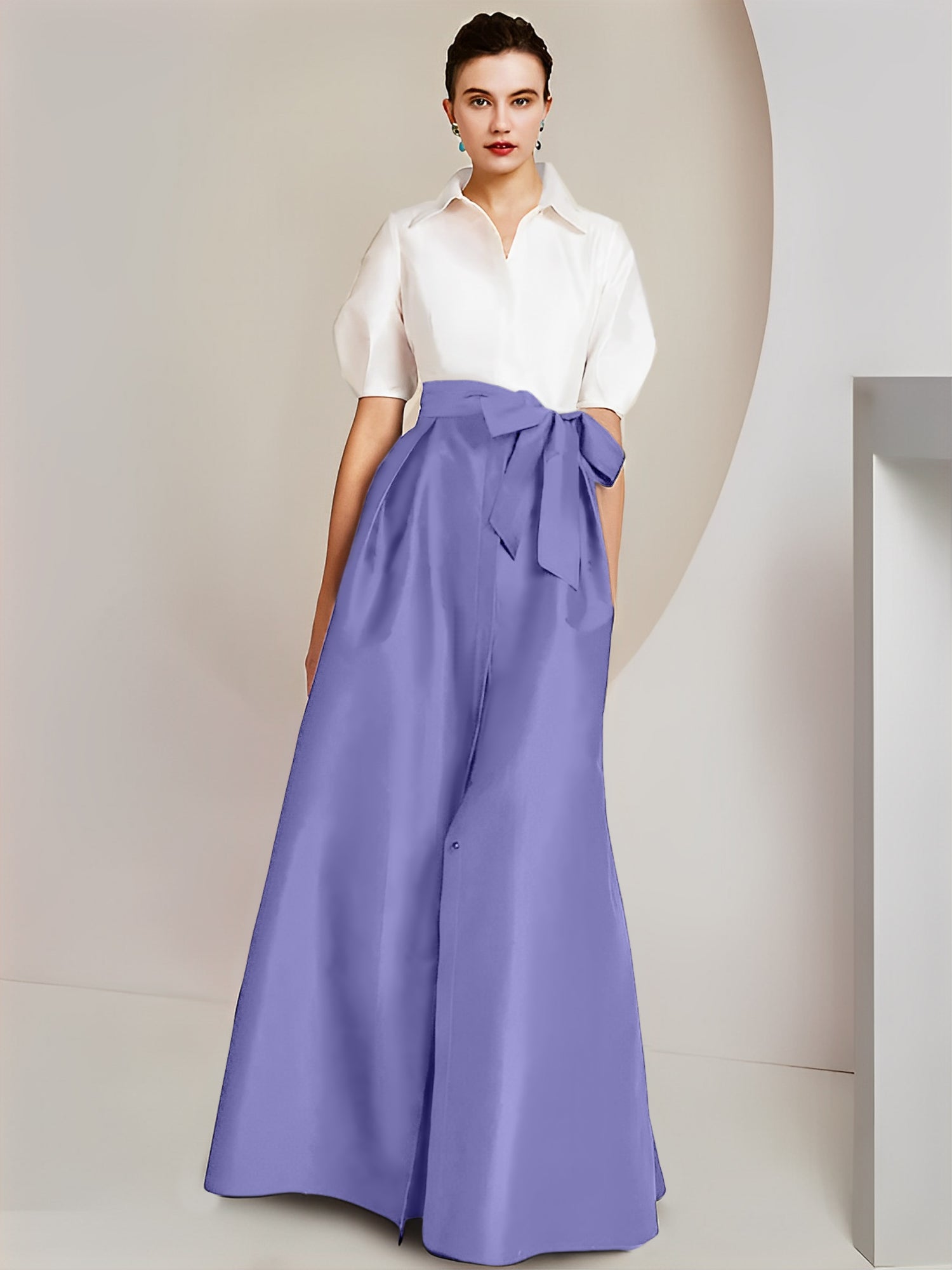 A-Line/Princess Shirt Collar Short Sleeves Floor-Length Mother Of The Bride Dresses with Bowknot