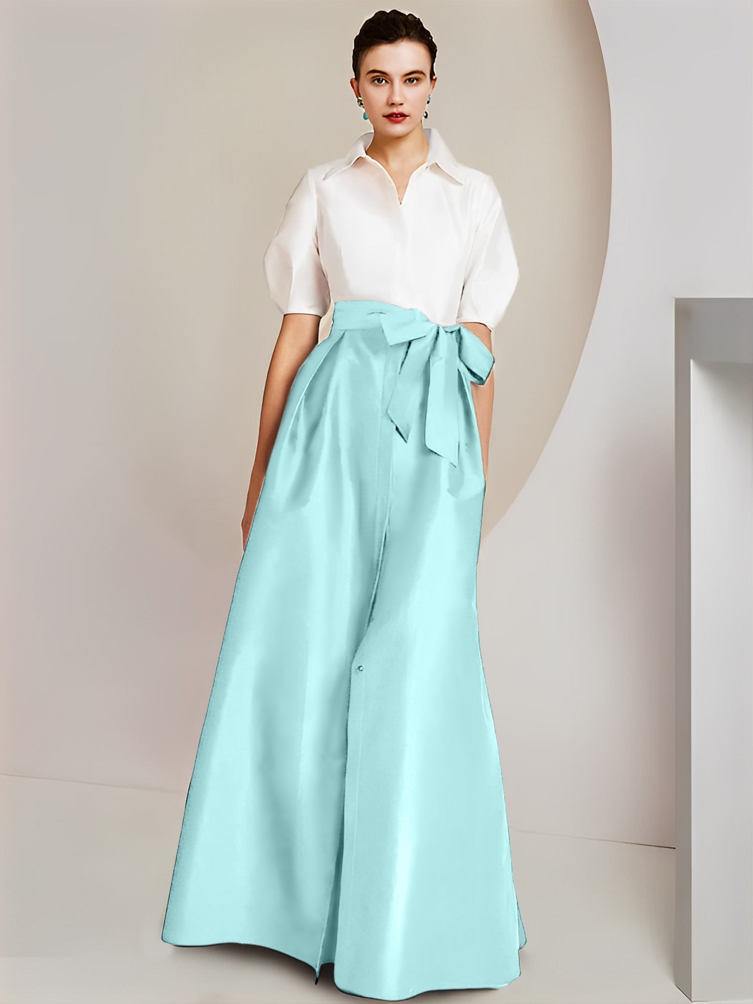 A-Line/Princess Shirt Collar Short Sleeves Floor-Length Mother Of The Bride Dresses with Bowknot