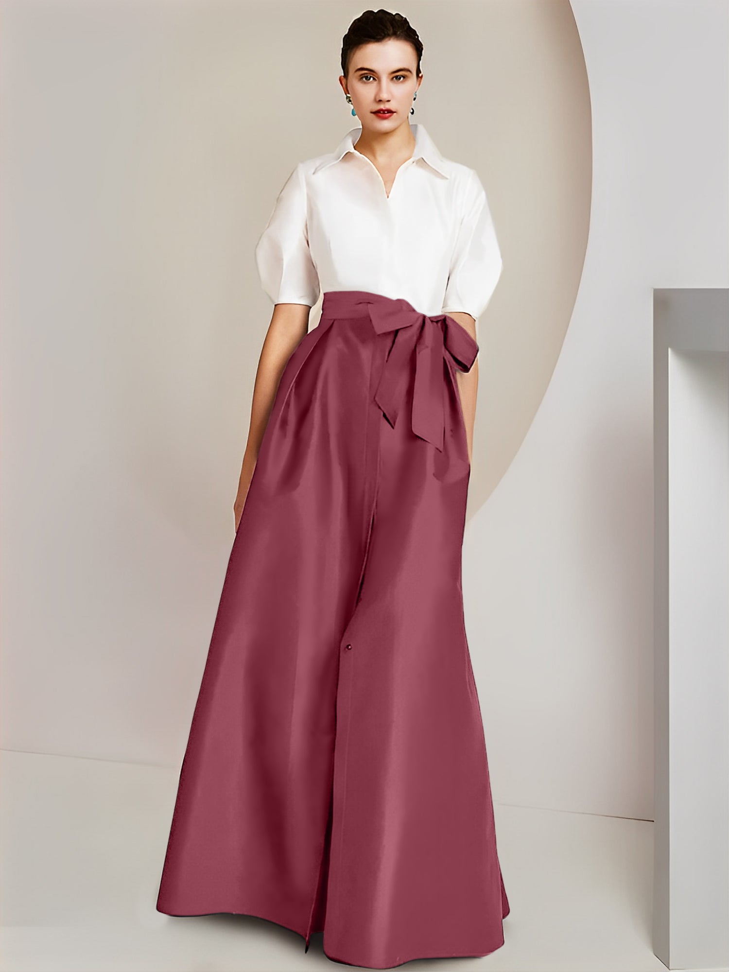 A-Line/Princess Shirt Collar Short Sleeves Floor-Length Mother Of The Bride Dresses with Bowknot