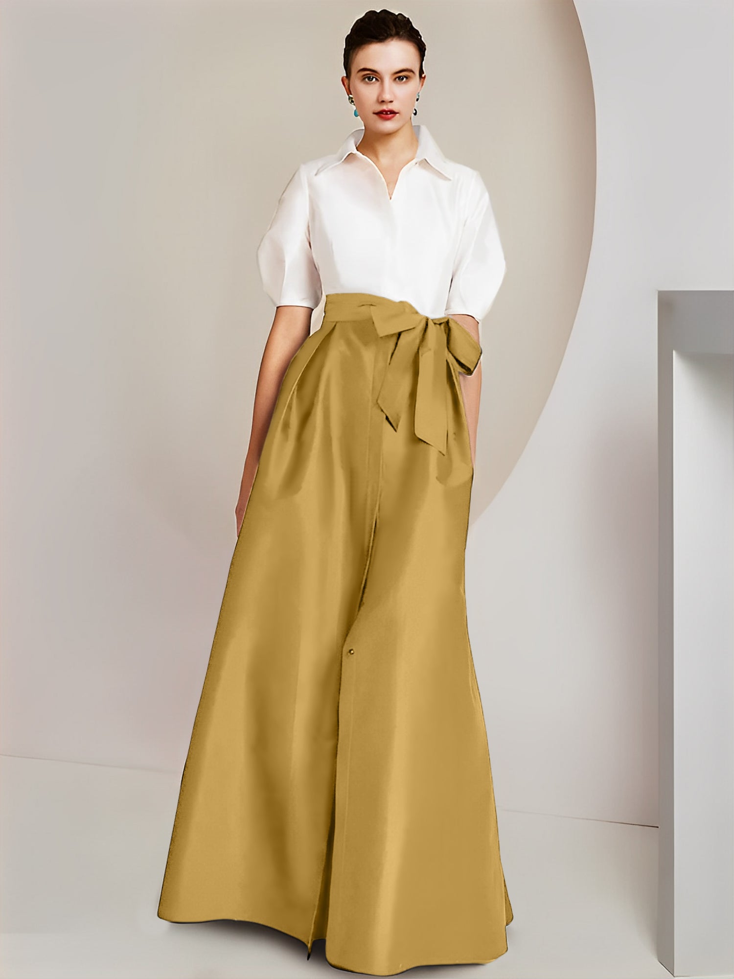 A-Line/Princess Shirt Collar Short Sleeves Floor-Length Mother Of The Bride Dresses with Bowknot