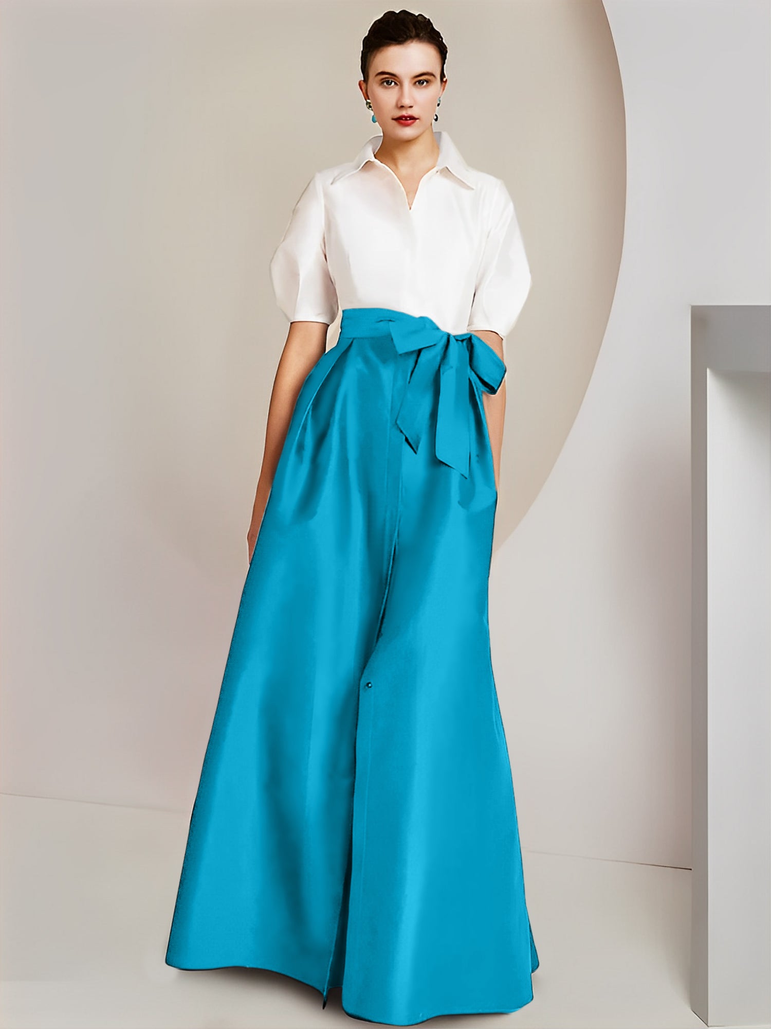 A-Line/Princess Shirt Collar Short Sleeves Floor-Length Mother Of The Bride Dresses with Bowknot