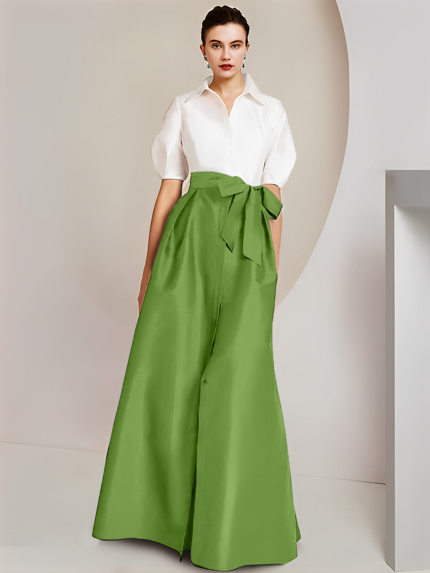 A-Line/Princess Shirt Collar Short Sleeves Floor-Length Mother Of The Bride Dresses with Bowknot