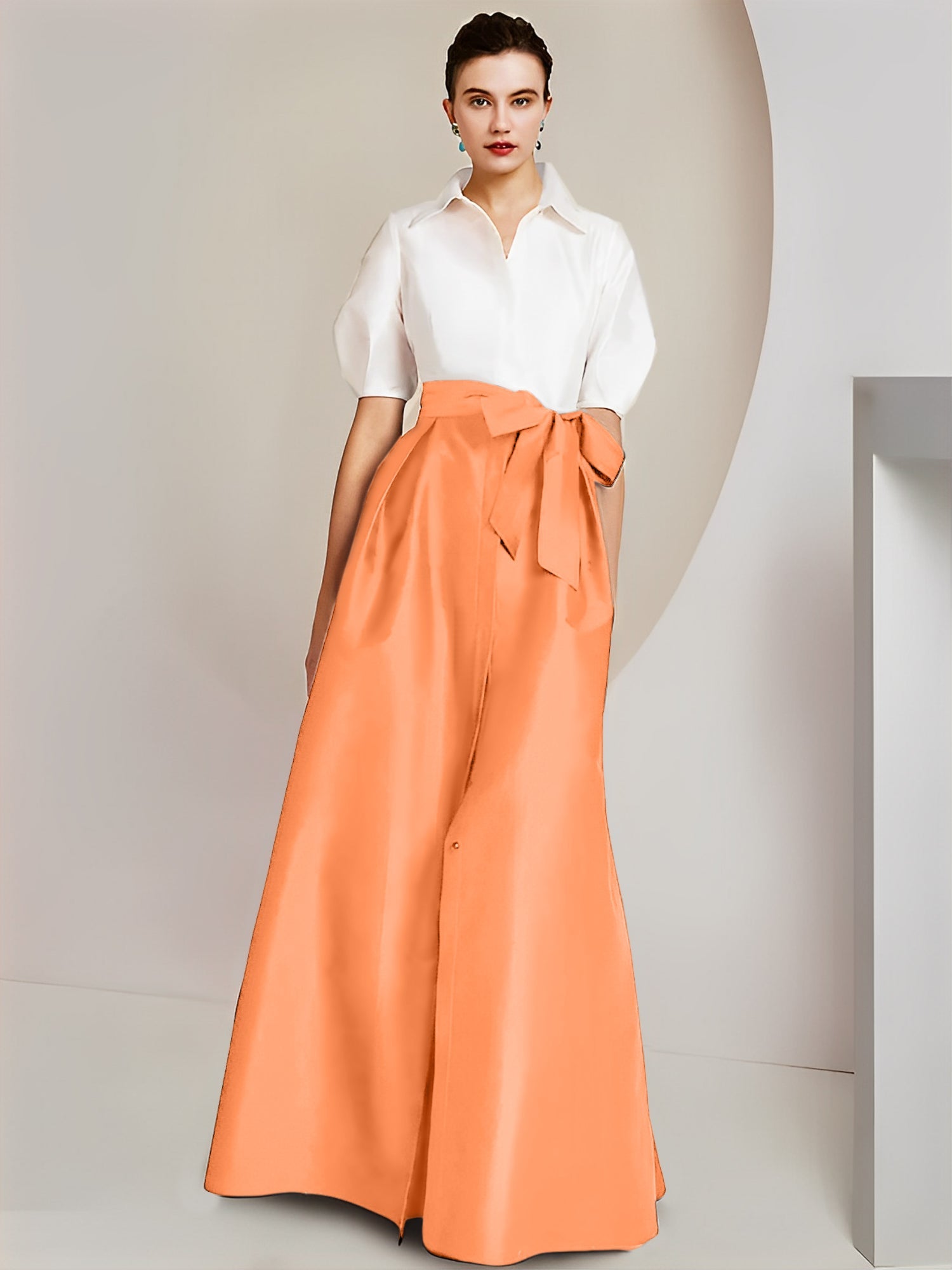 A-Line/Princess Shirt Collar Short Sleeves Floor-Length Mother Of The Bride Dresses with Bowknot