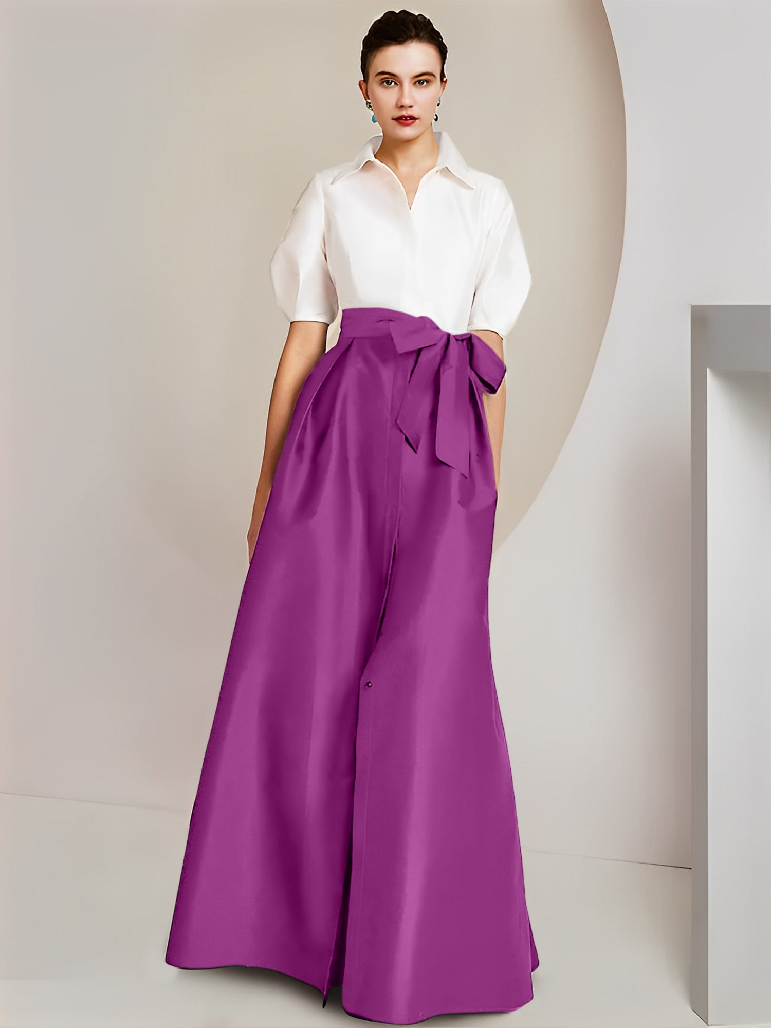 A-Line/Princess Shirt Collar Short Sleeves Floor-Length Mother Of The Bride Dresses with Bowknot