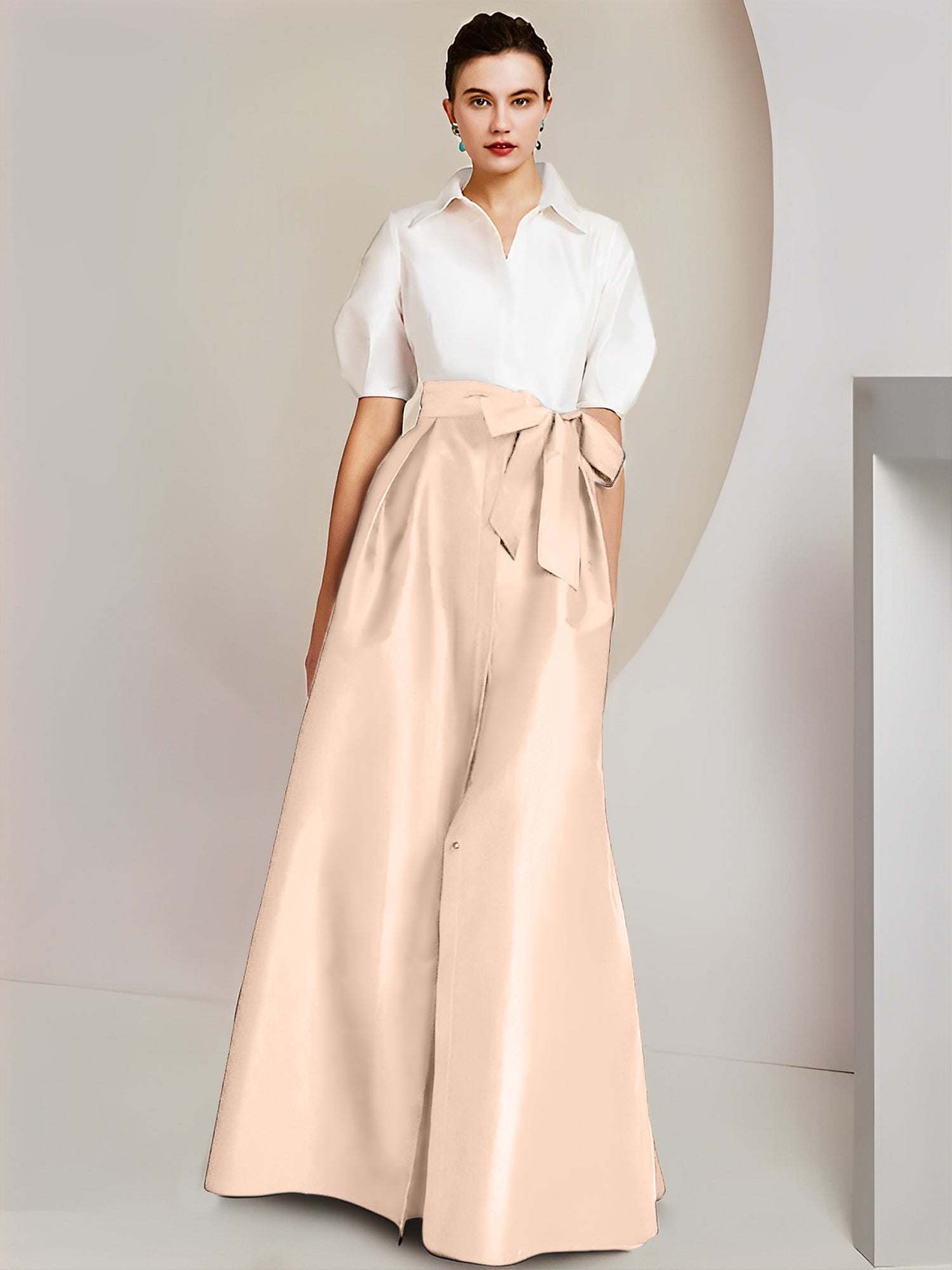 A-Line/Princess Shirt Collar Short Sleeves Floor-Length Mother Of The Bride Dresses with Bowknot