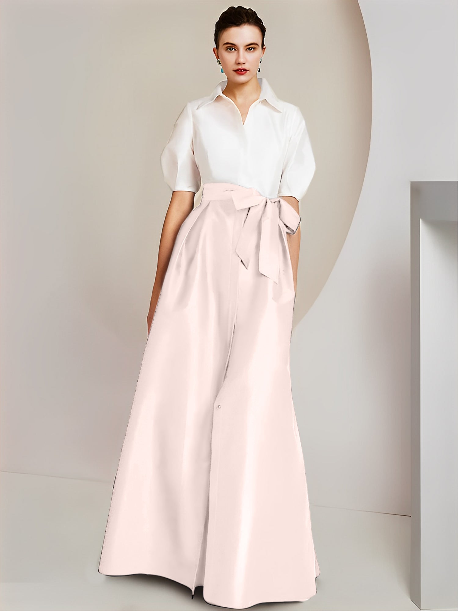 A-Line/Princess Shirt Collar Short Sleeves Floor-Length Mother Of The Bride Dresses with Bowknot